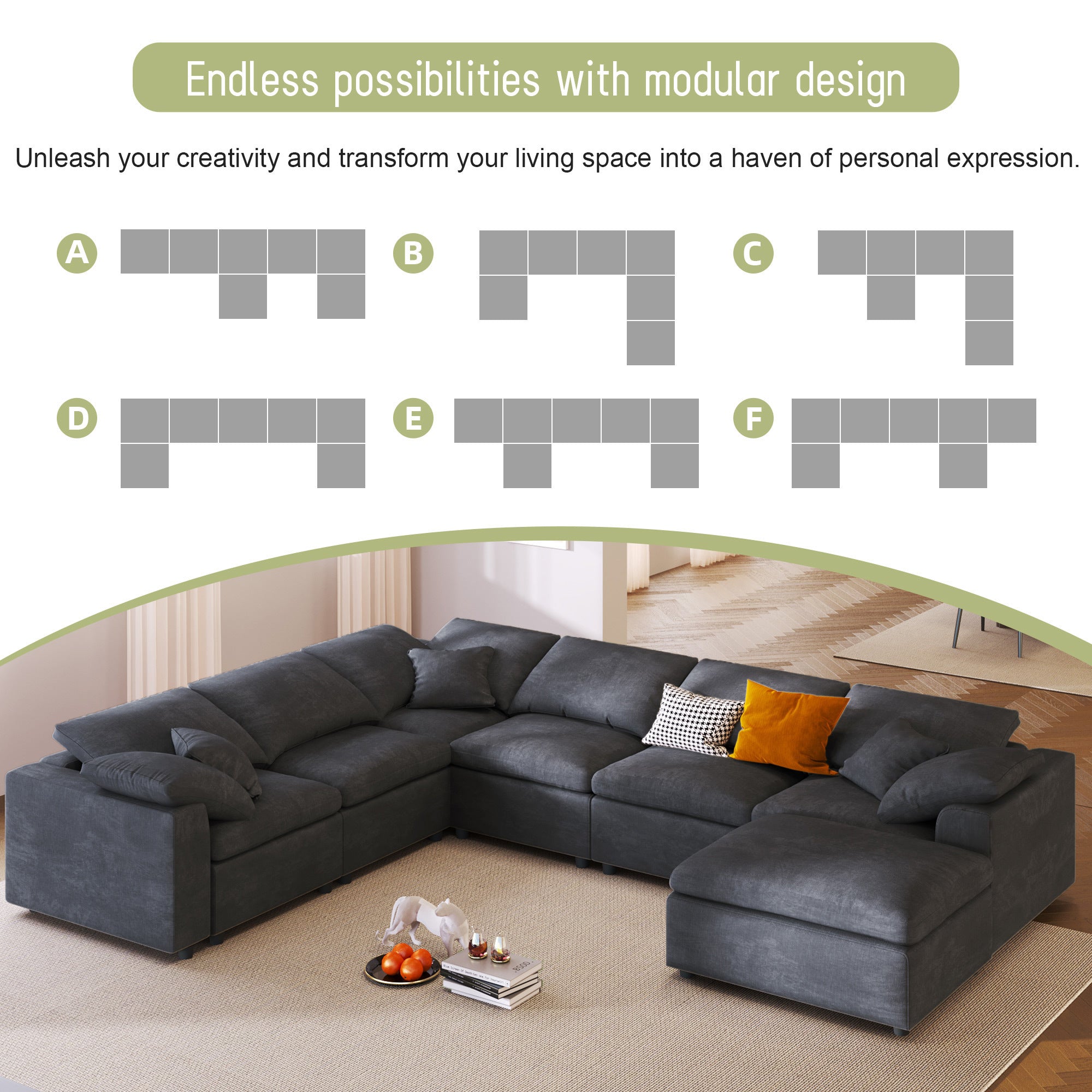 Large Modular Couch, U Shaped Sectional Sofa with Ottoman, Grey