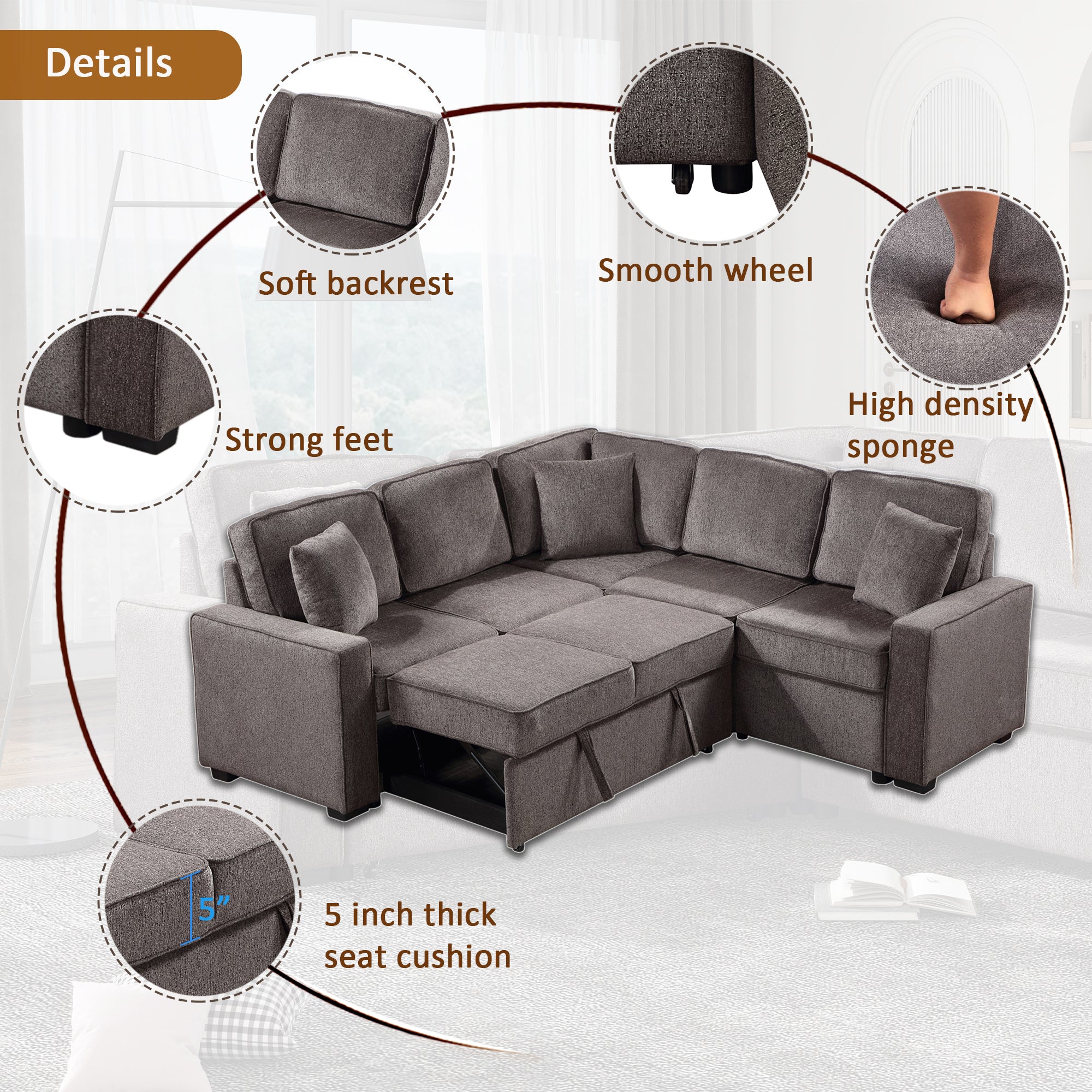 Louie Sleeper Sectional, Couch L Shape - Brown