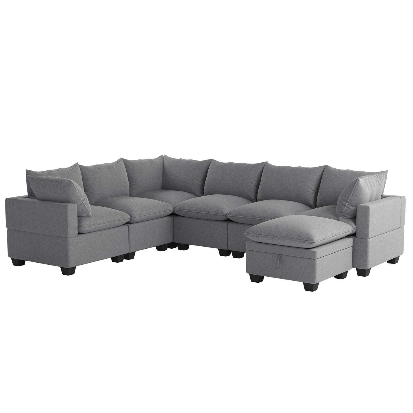 U Shaped Sectional, Modular Sofa with Ottoman and Storage, Gray