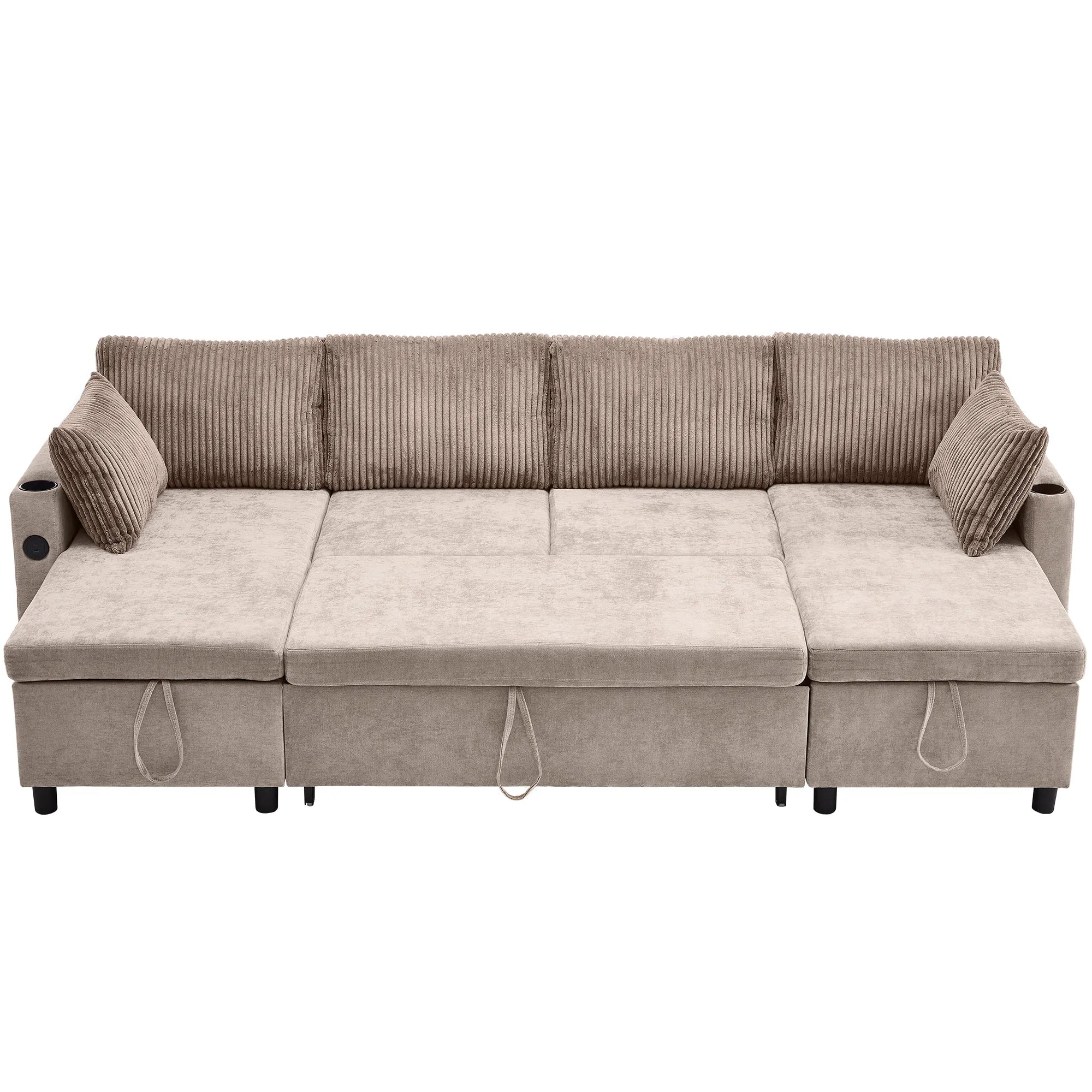 Corduroy Couch with Chaise Sleeper, Sectional Sofa Pull-Out, Brown