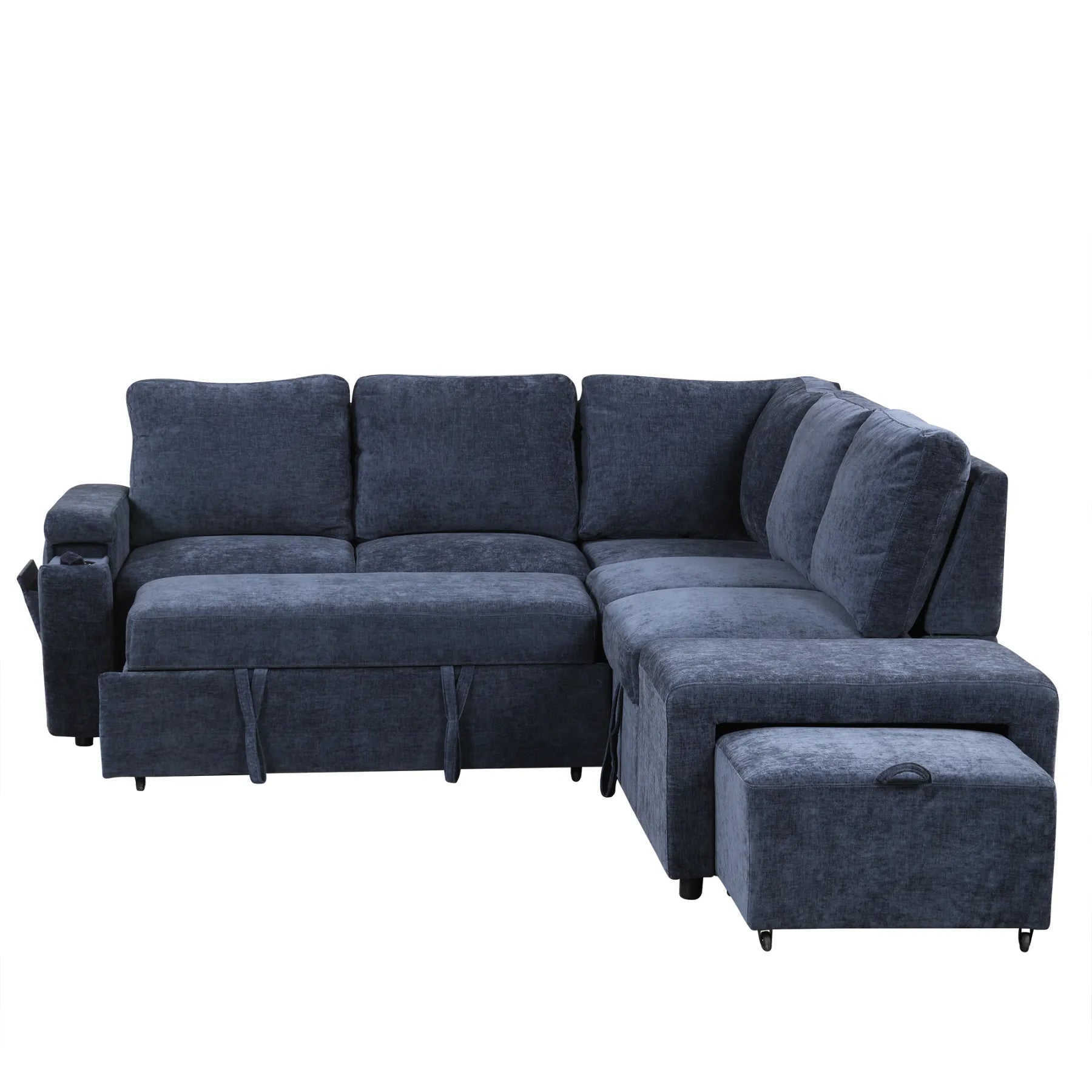 Sleeper Sectional, Sofa L Shape, Couch with Ottoman and Storage, Blue