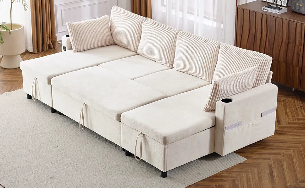 Corduroy Couch with Chaise Sleeper, Sectional Sofa Pull-Out, Beige