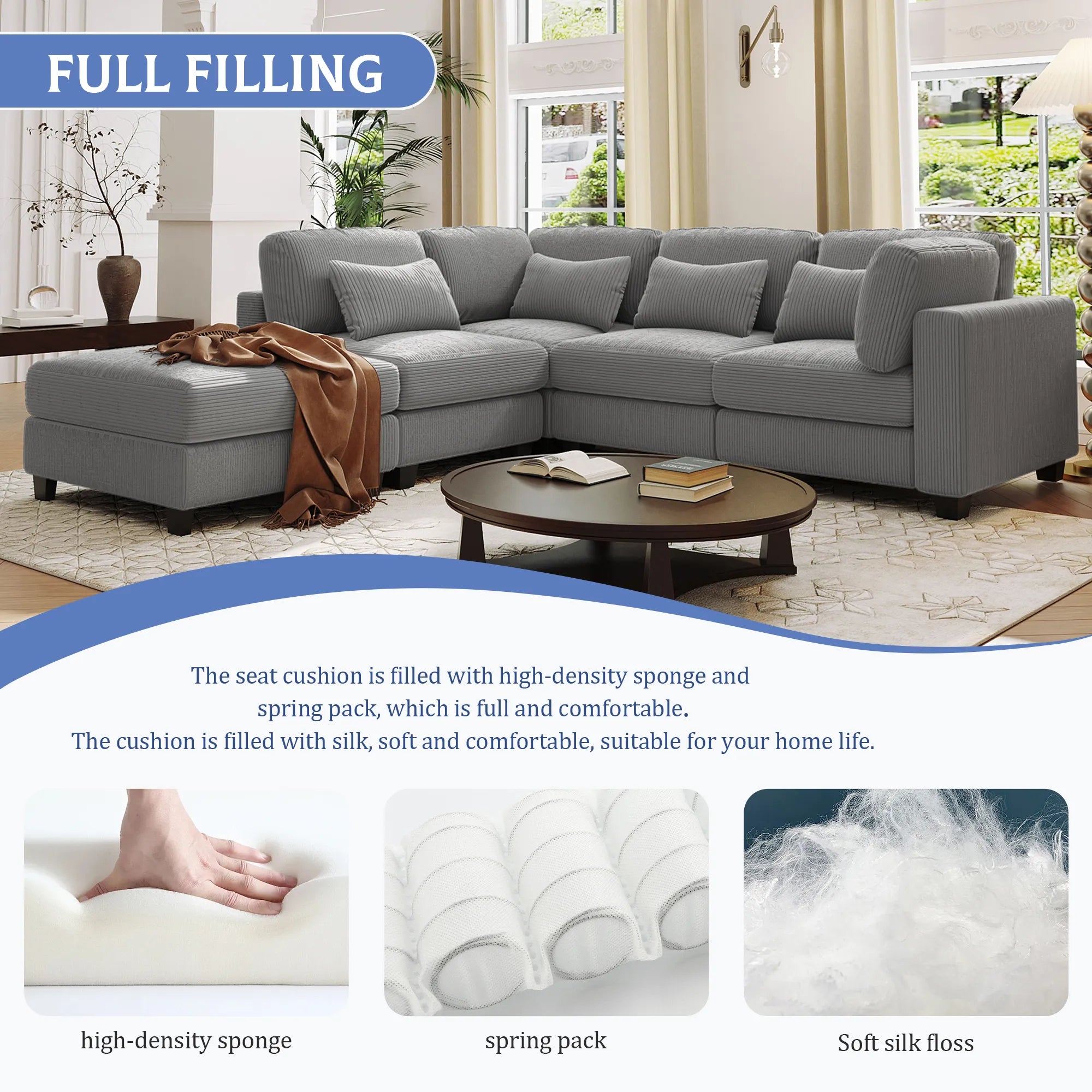 Louie Modular Sectional Sofa, Corduroy Couch with Ottoman - Grey