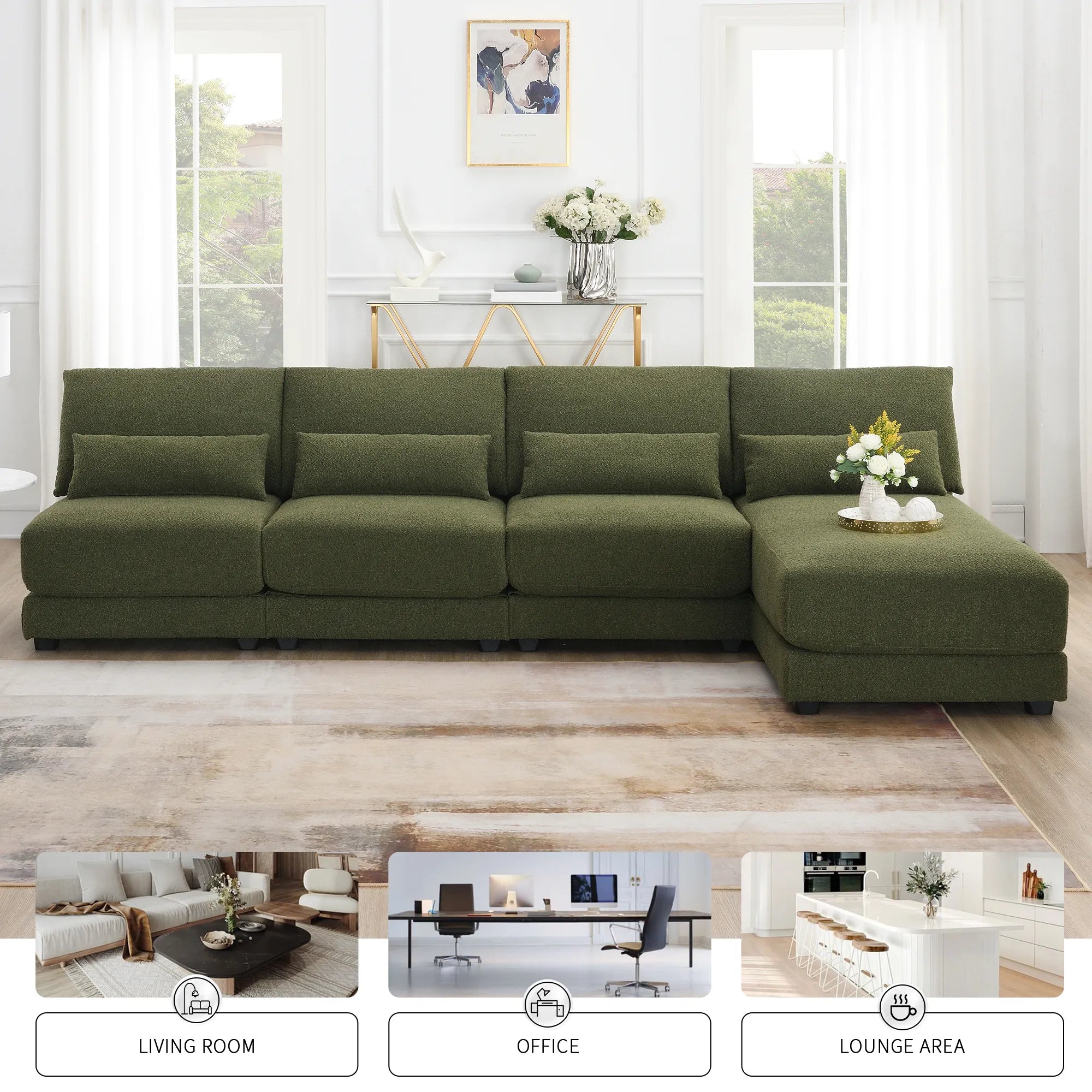 L Shape Couch, Deep Seat Sectional Sofa with Reversible Chaise, Green