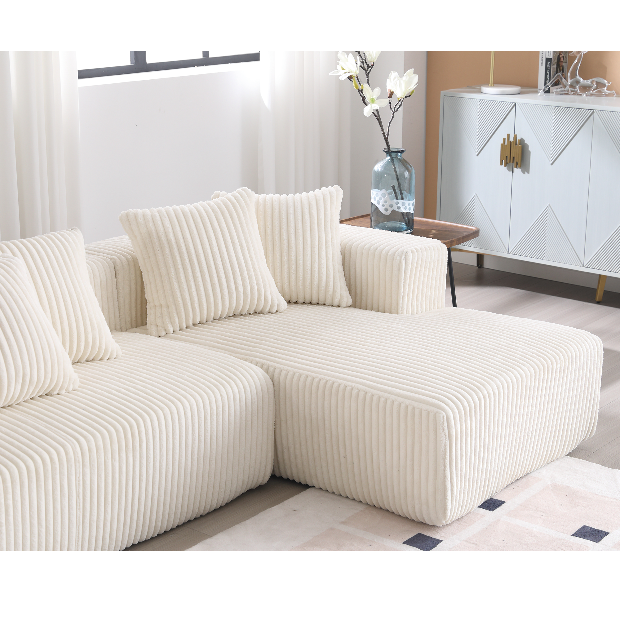 Modular U Shaped Sectional, Corduroy Couch with Double Chaise, White
