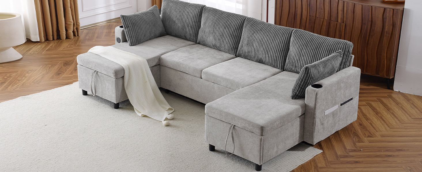 Corduroy Couch with Chaise Sleeper, Sectional Sofa Pull-Out, Grey