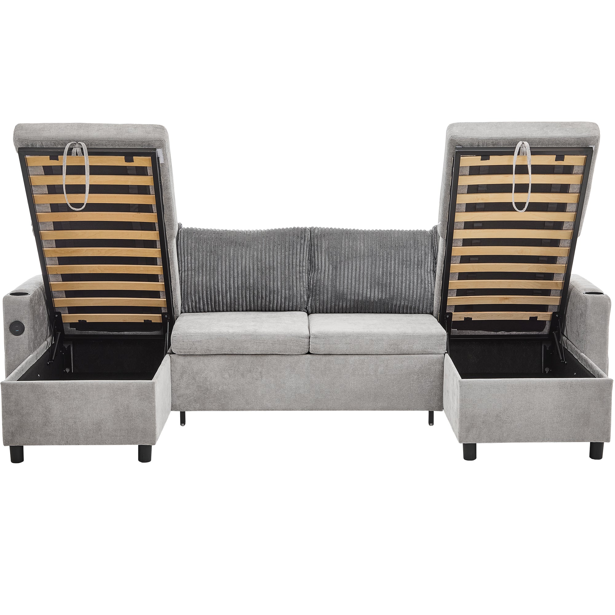 Corduroy Couch with Chaise Sleeper, Sectional Sofa Pull-Out, Grey