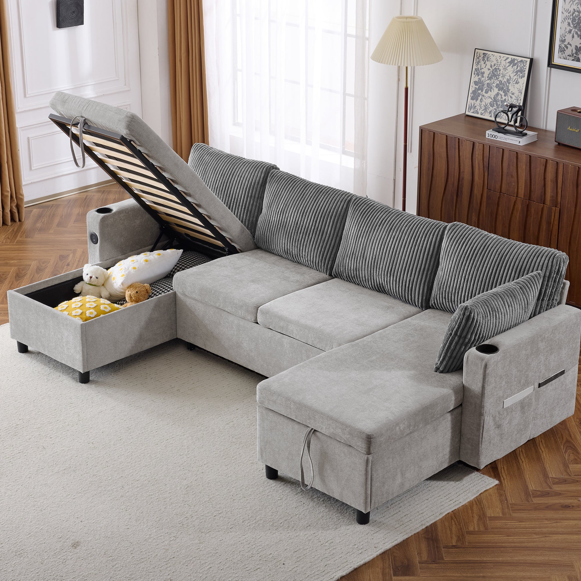 Corduroy Couch with Chaise Sleeper, Sectional Sofa Pull-Out, Grey