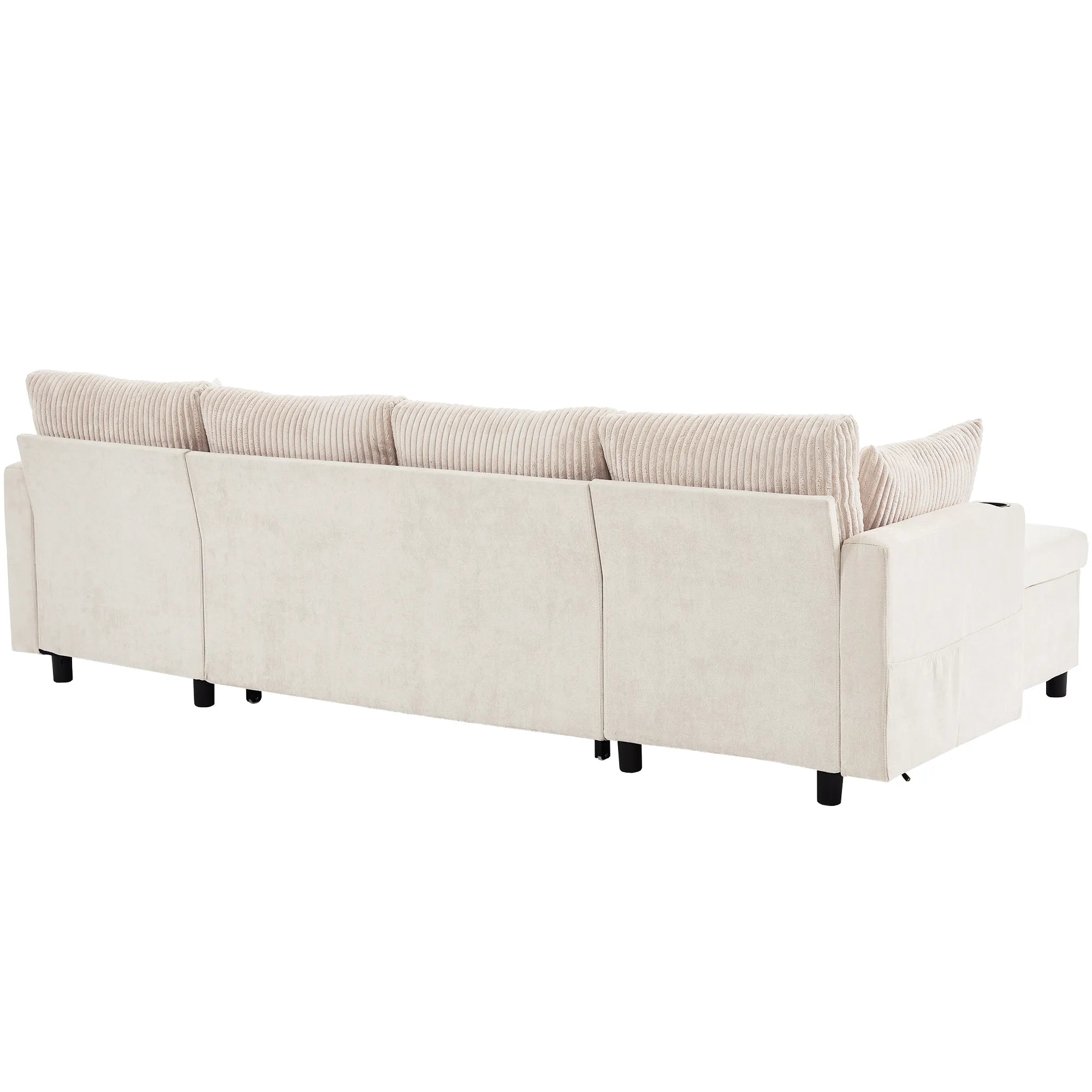 Corduroy Couch with Chaise Sleeper, Sectional Sofa Pull-Out, Beige