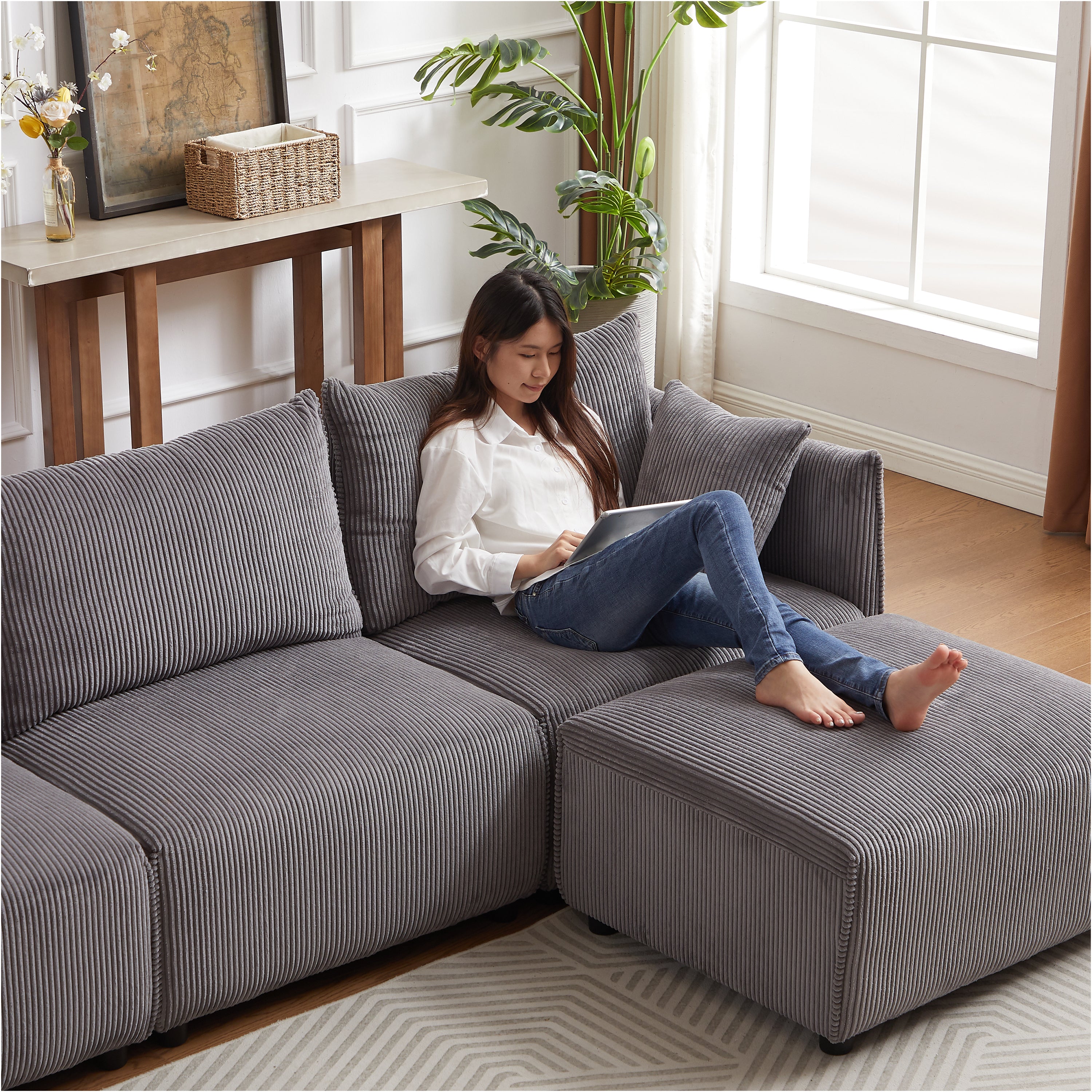 L Shape Modular Sectional Sofa, Corduroy Couch with Ottoman - Gray
