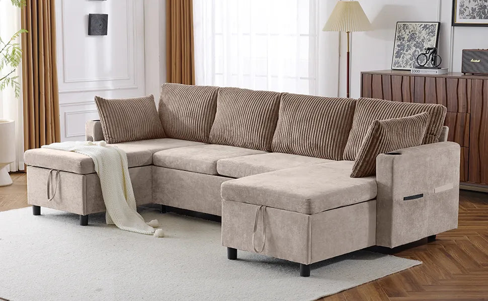 Corduroy Couch with Chaise Sleeper, Sectional Sofa Pull-Out, Brown