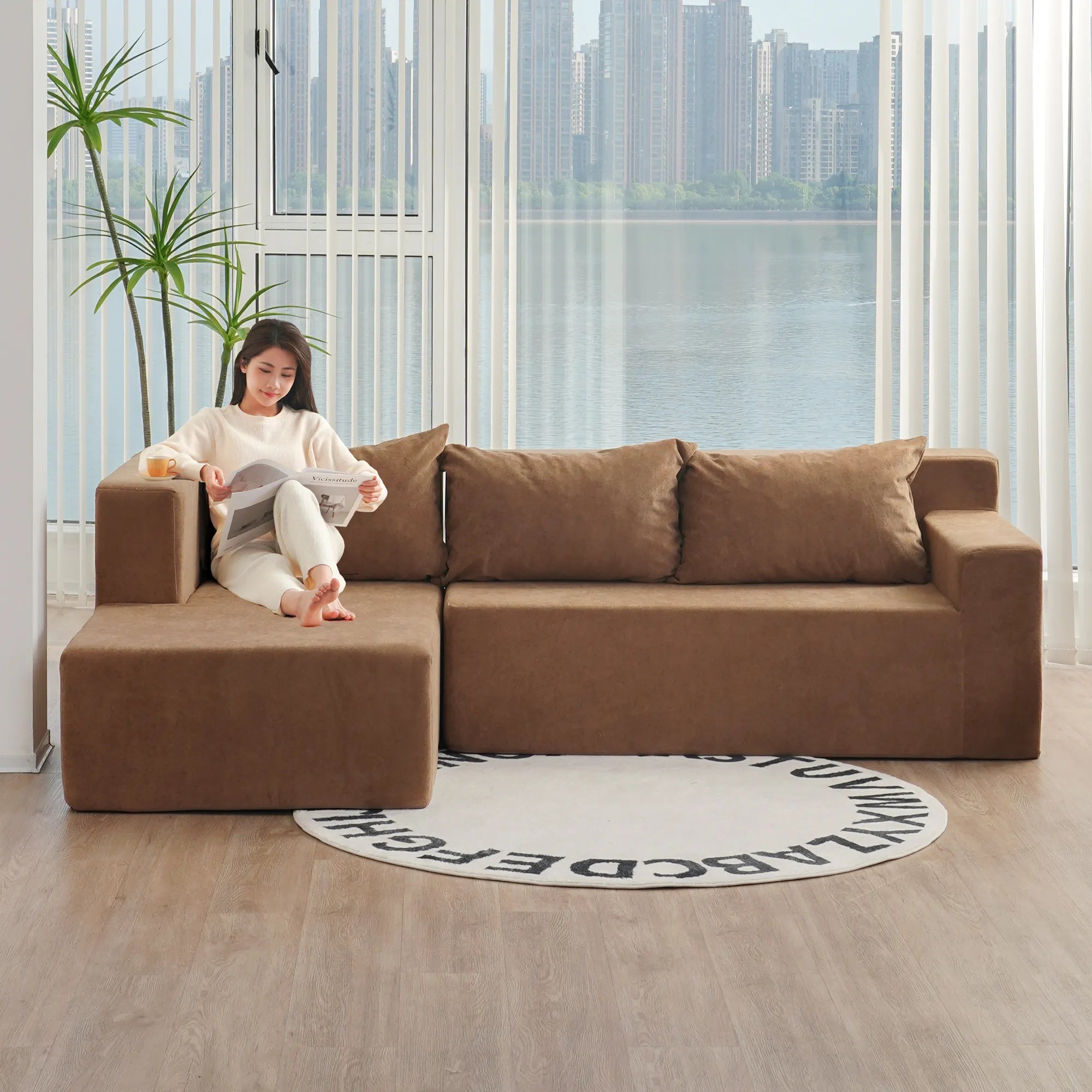 Modular Sofa, L-Shape Sectional Couch with Chaise, Brown