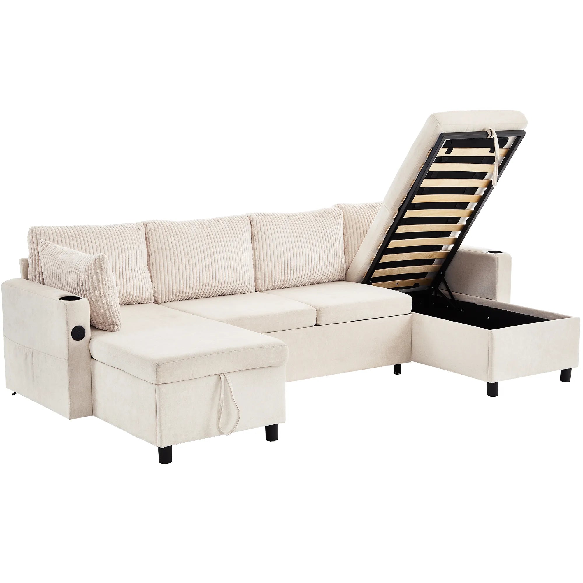 Corduroy Couch with Chaise Sleeper, Sectional Sofa Pull-Out, Beige
