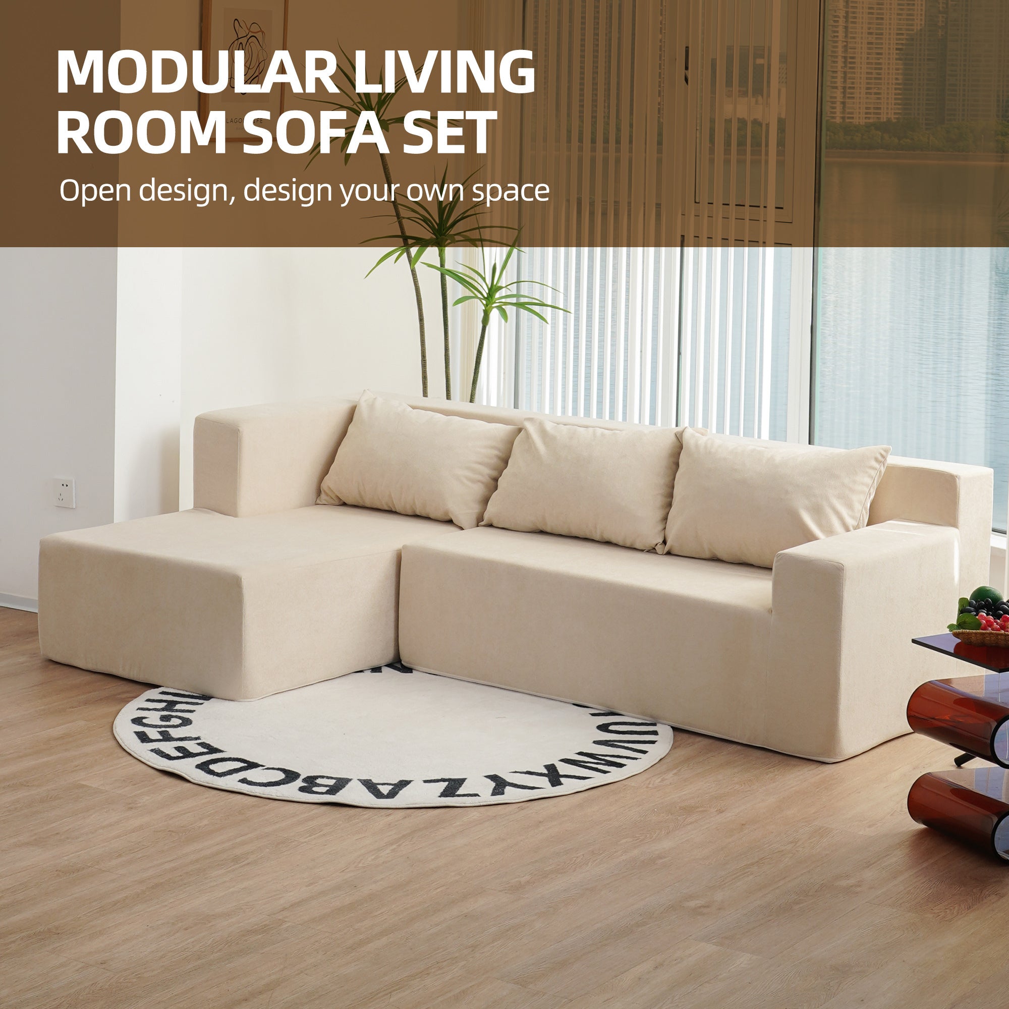Modular Sofa, L-Shape Sectional Couch with Chaise, Beige