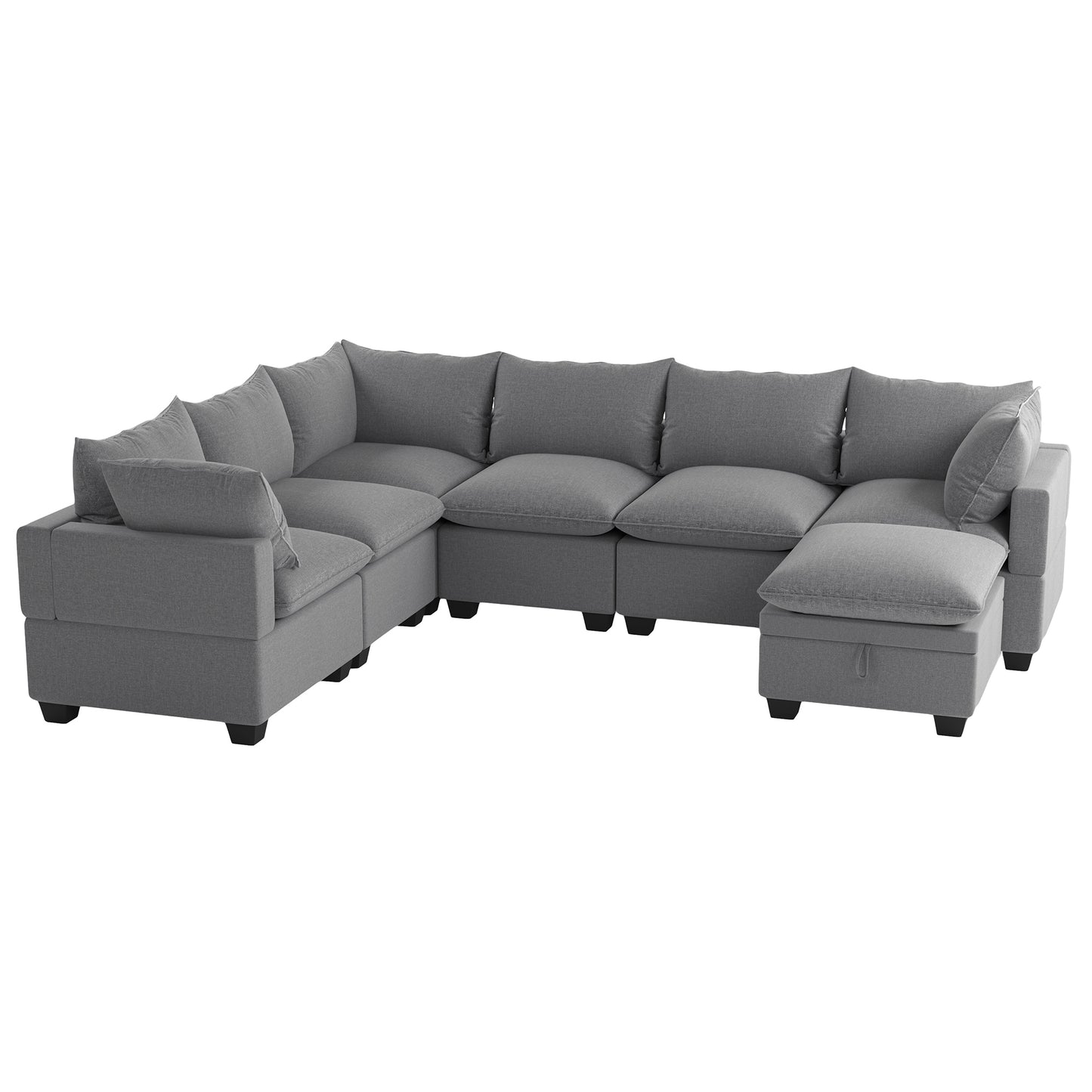 U Shaped Sectional, Modular Sofa with Ottoman and Storage, Gray