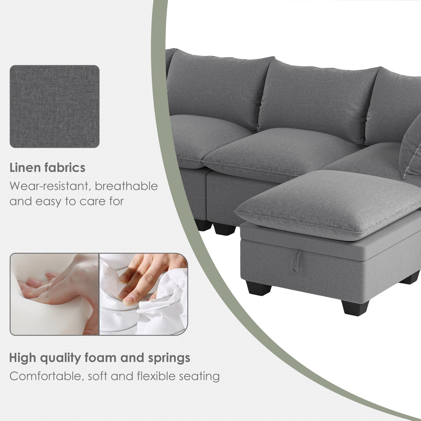 U Shaped Sectional, Modular Sofa with Ottoman and Storage, Gray