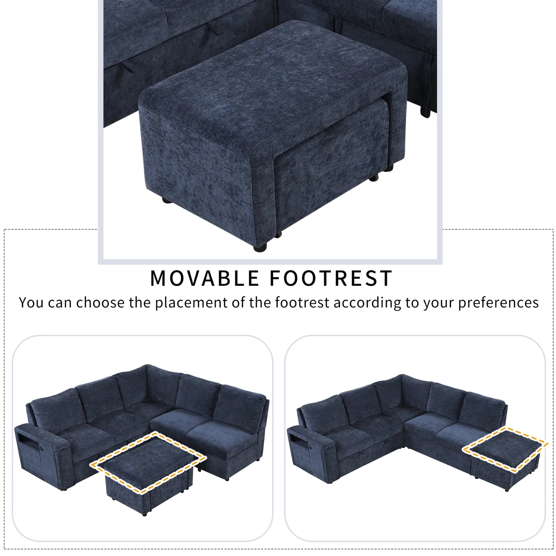 Sleeper Sectional, Sofa L Shape, Couch with Ottoman and Storage, Blue