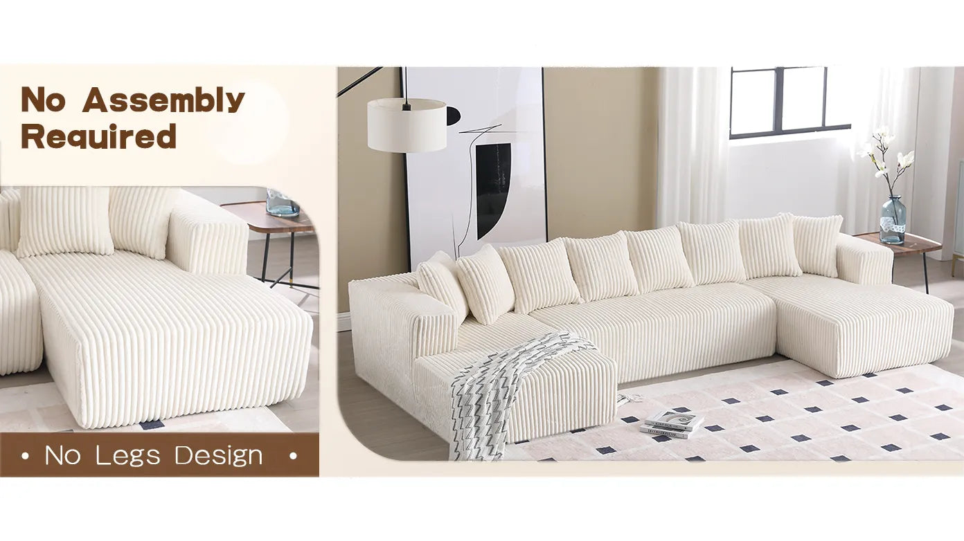 Modular U Shaped Sectional, Corduroy Couch with Double Chaise, White