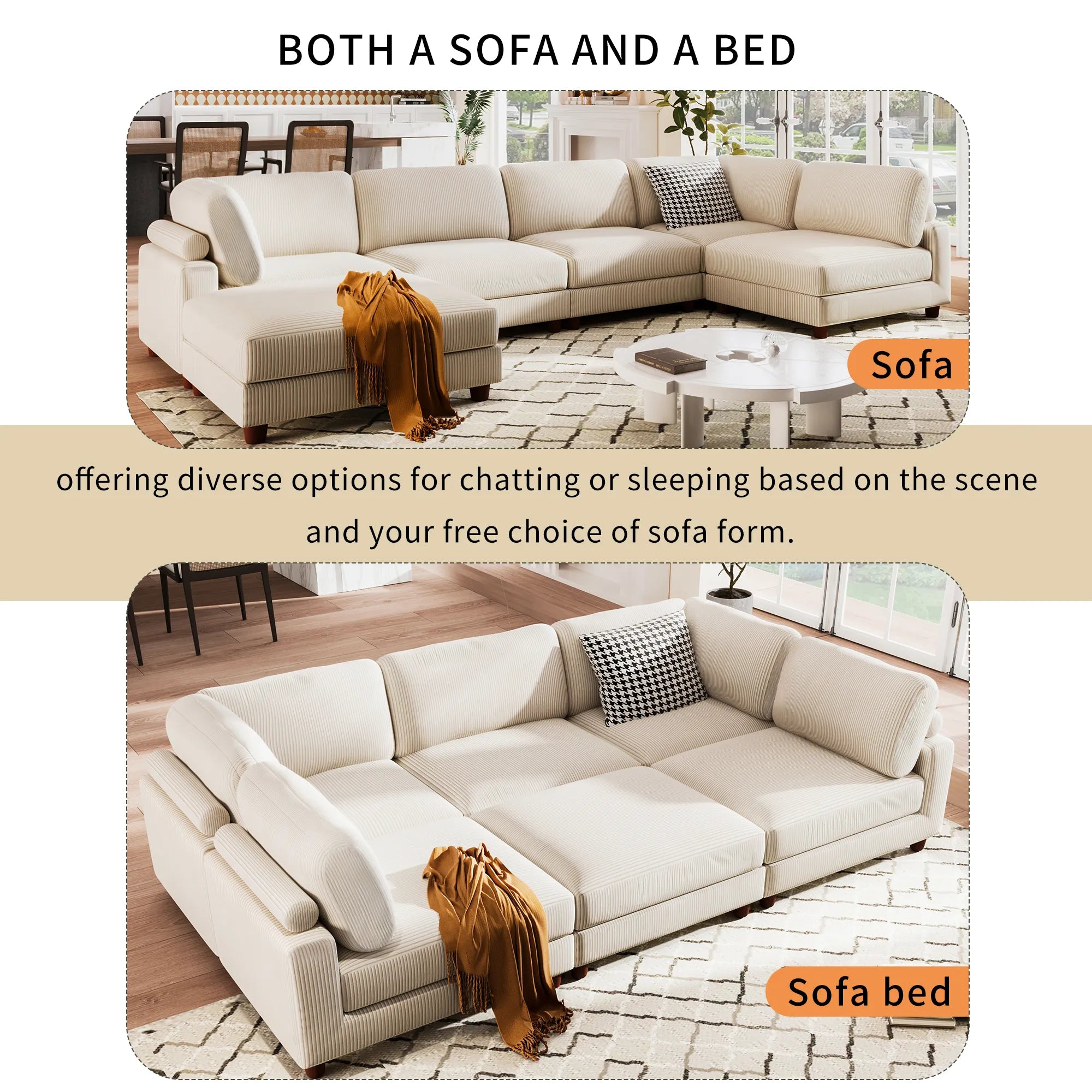 Large U-Shaped Sectional, Corduroy Couch with Ottoman, Beige