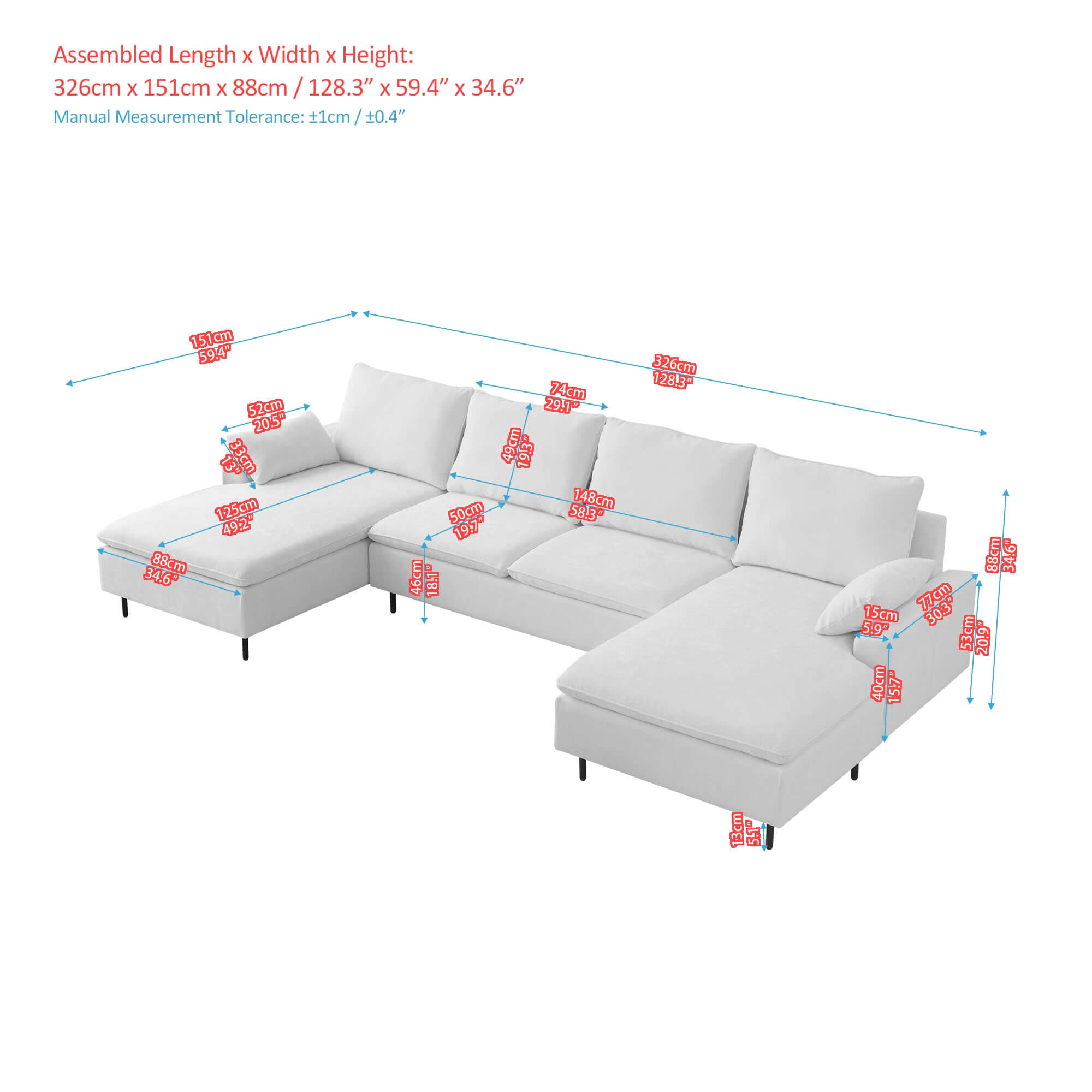 Modern U-Shaped Beige Sectional Sofa, Double Chaise Couch, Beige