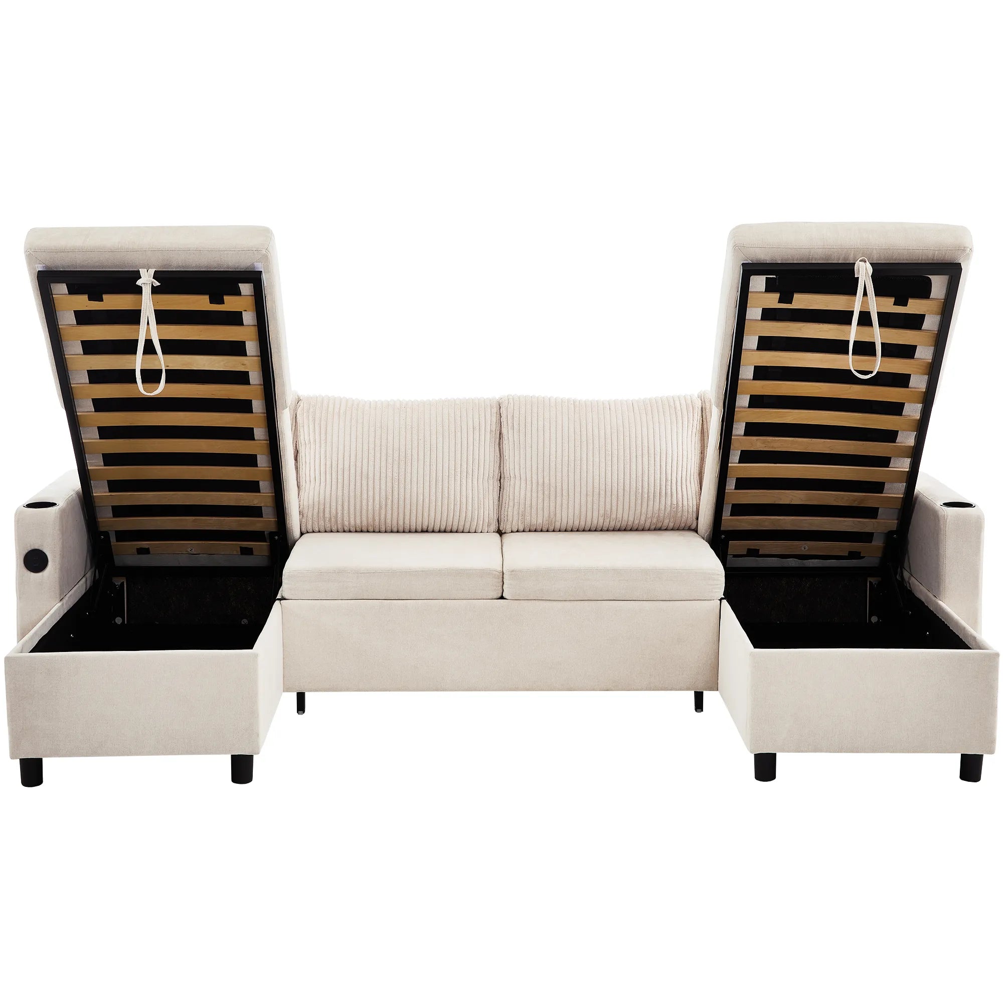 Corduroy Couch with Chaise Sleeper, Sectional Sofa Pull-Out, Beige
