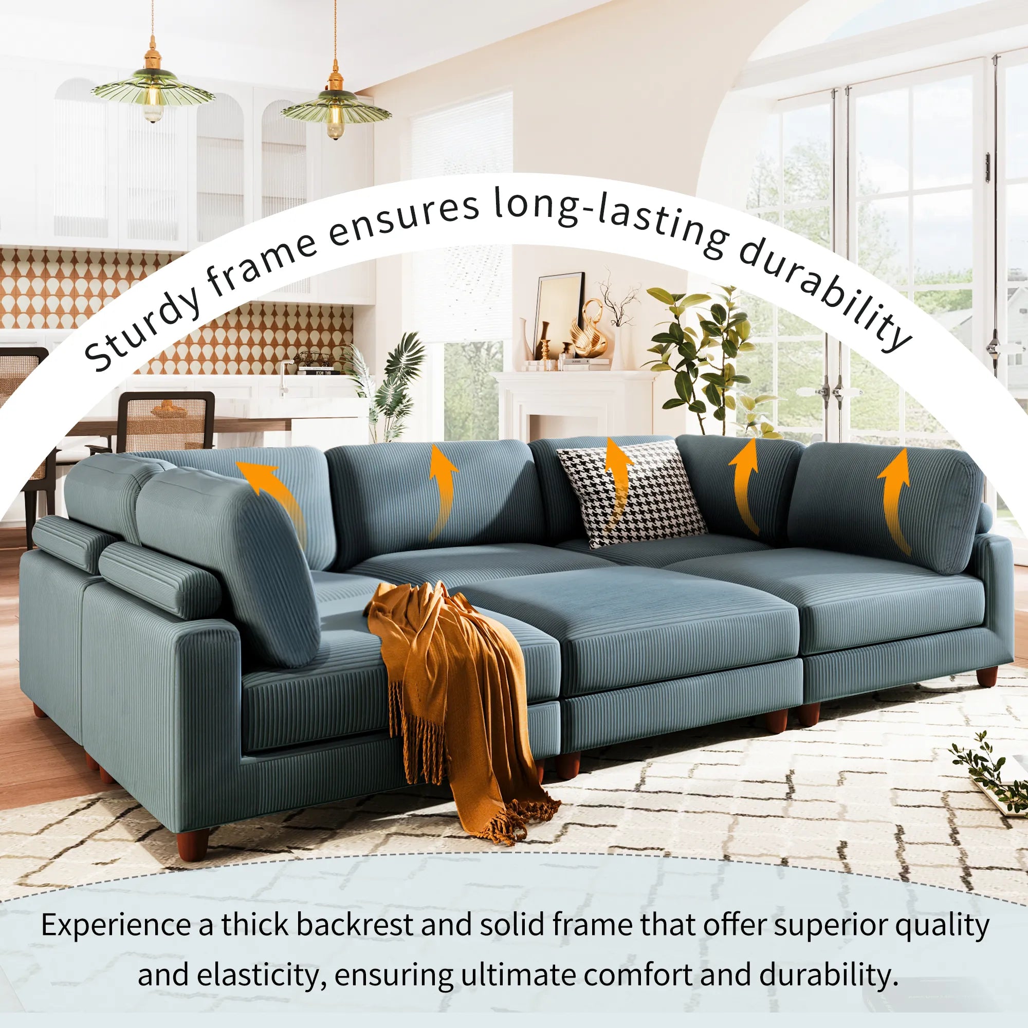 Large U-Shaped Sectional, Corduroy Couch with Ottoman, Blue