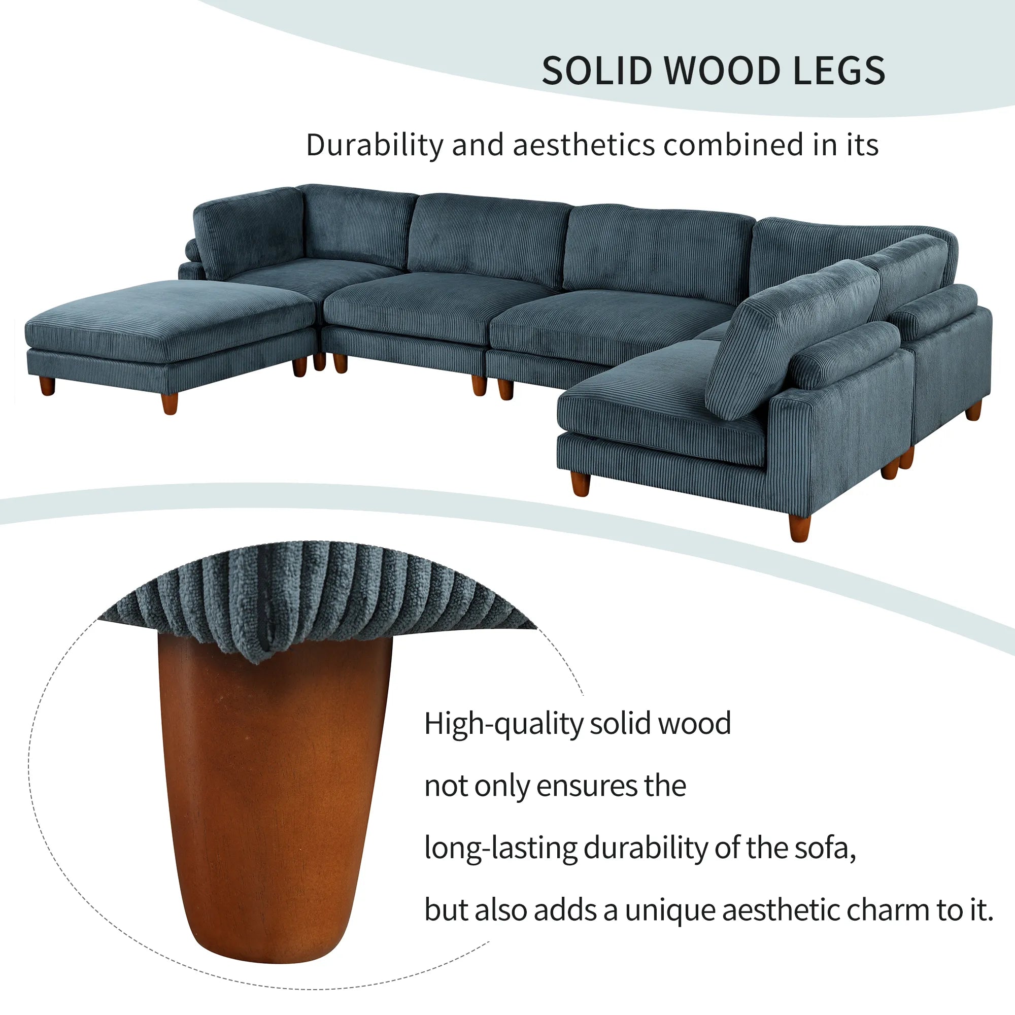 Large U-Shaped Sectional, Corduroy Couch with Ottoman, Blue