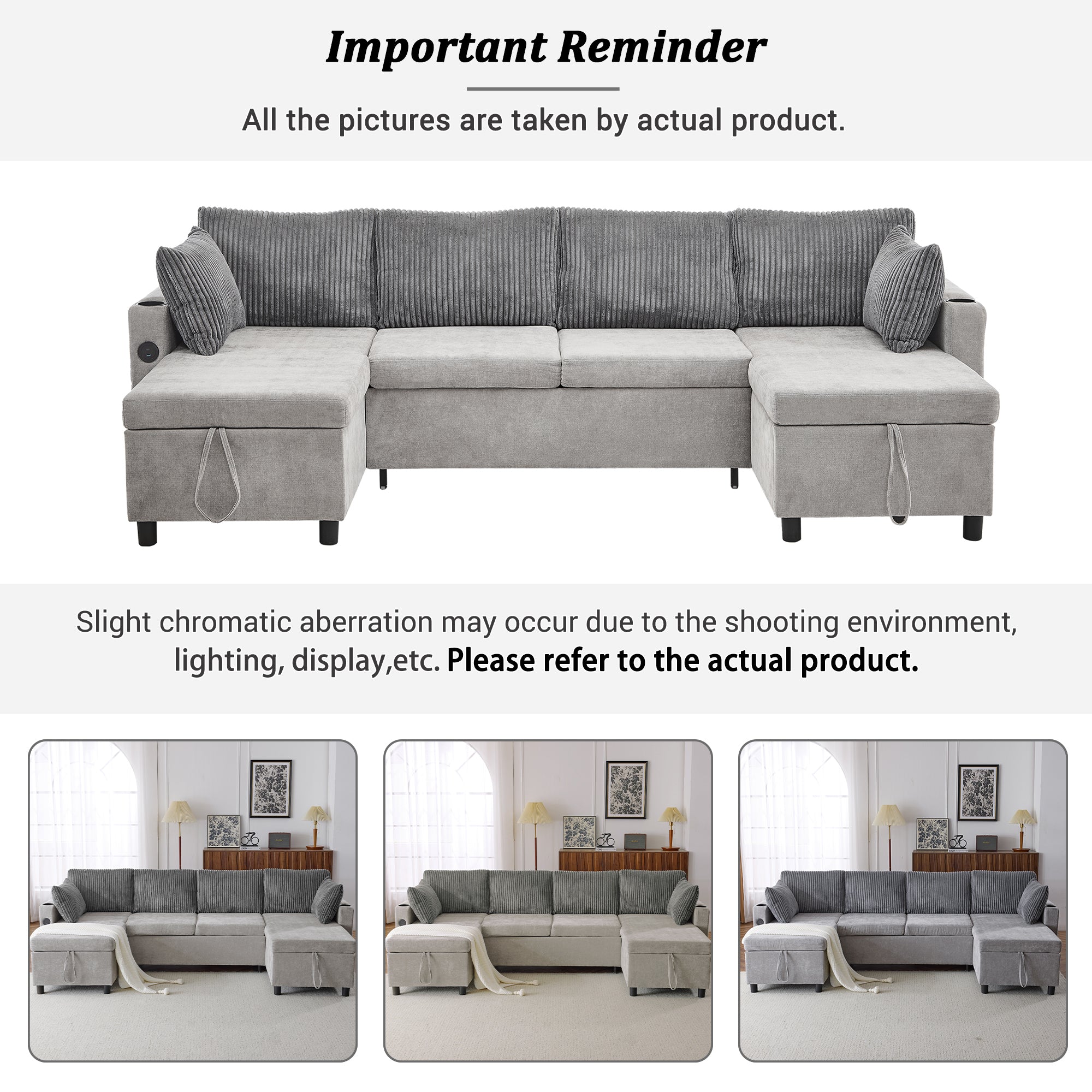 Corduroy Couch with Chaise Sleeper, Sectional Sofa Pull-Out, Grey
