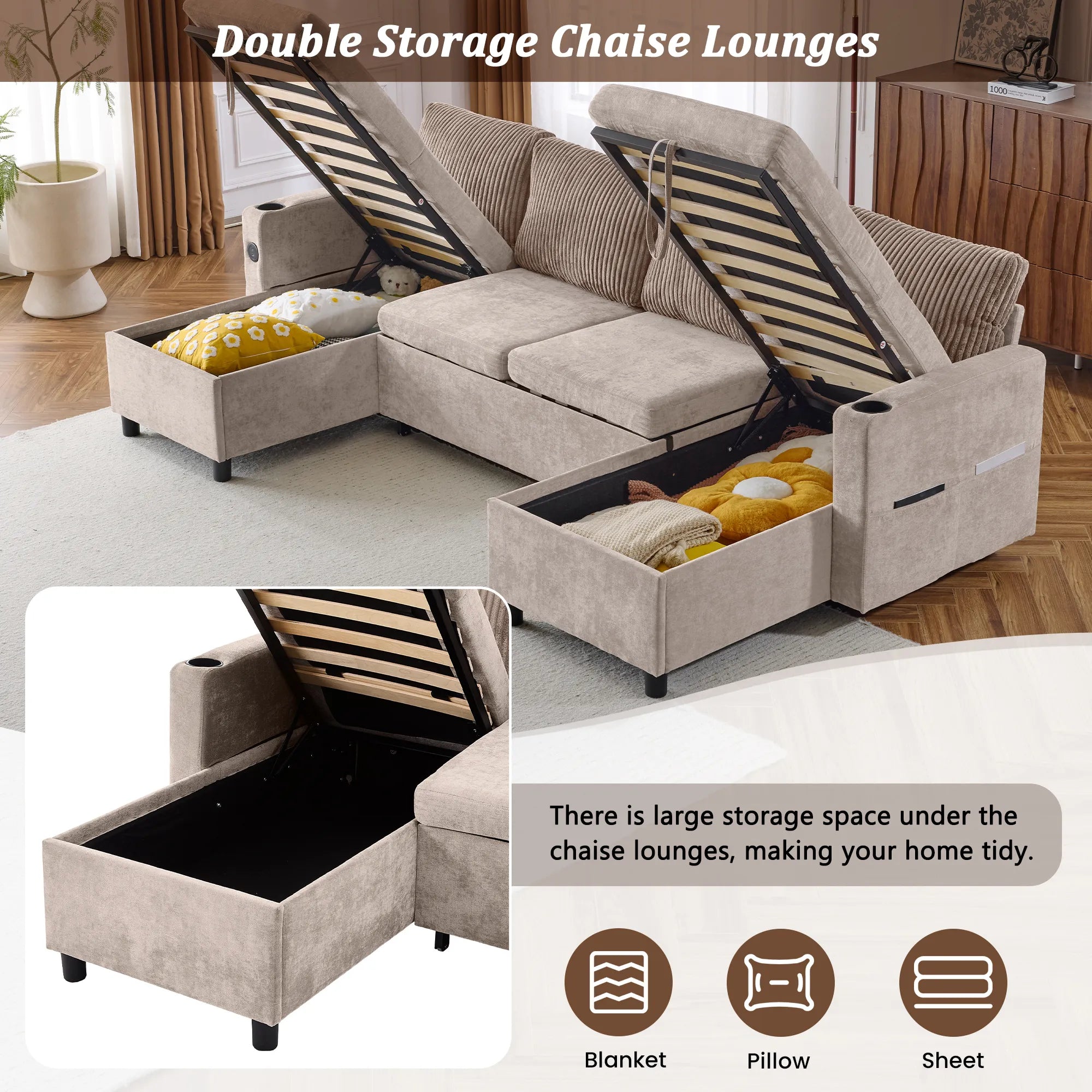 Corduroy Couch with Chaise Sleeper, Sectional Sofa Pull-Out, Brown