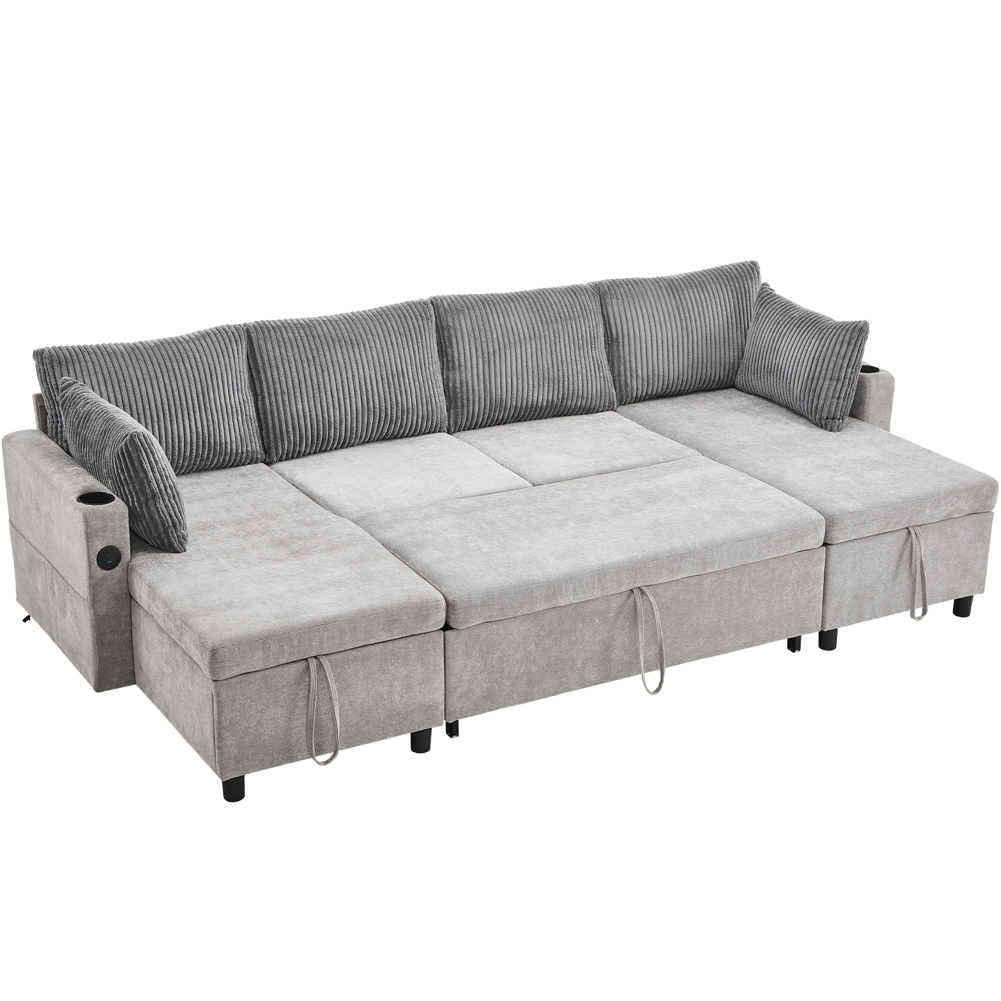 Corduroy Couch with Chaise Sleeper, Sectional Sofa Pull-Out, Grey
