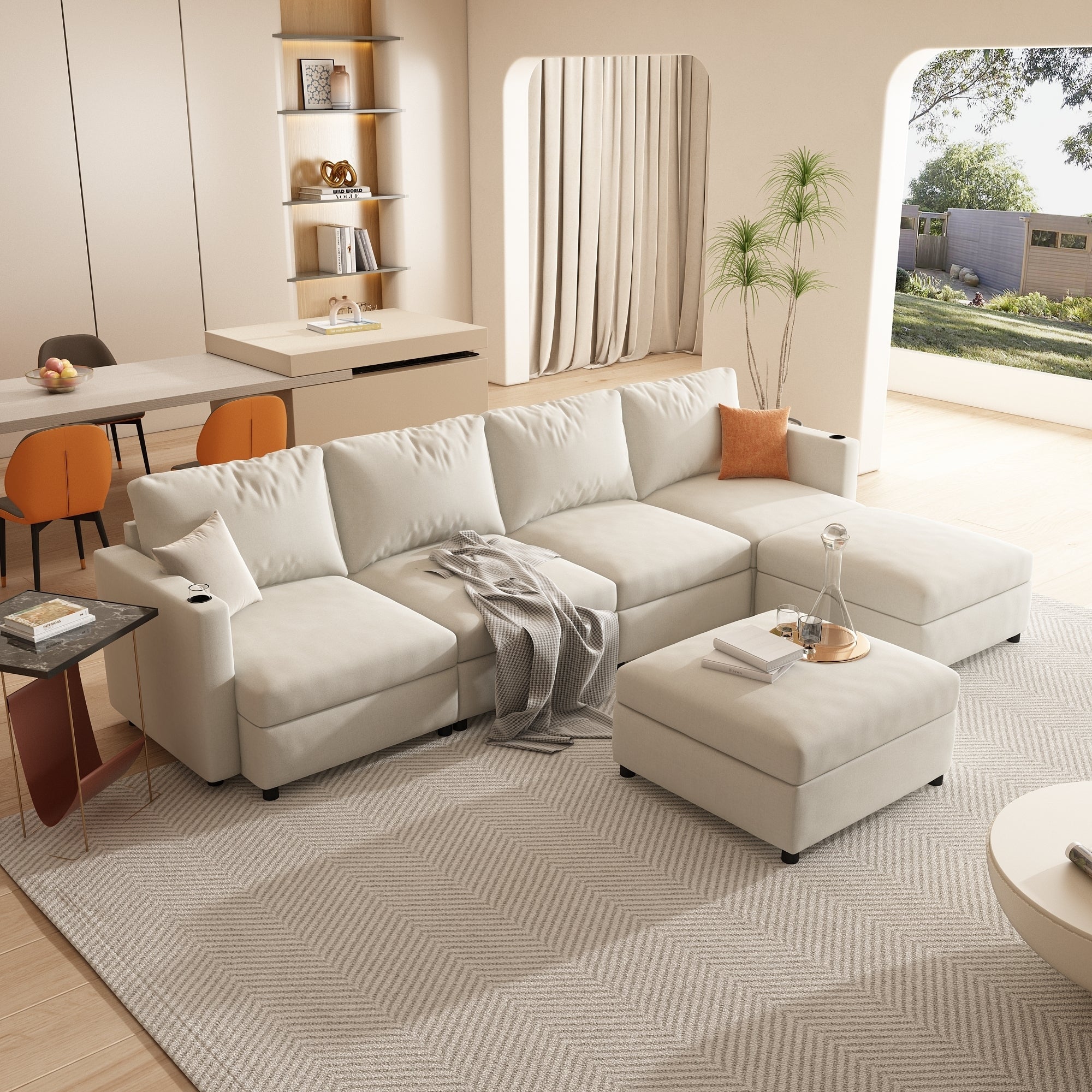 Large Sectional Couch with Storage, Sofa with Chaise- Beige