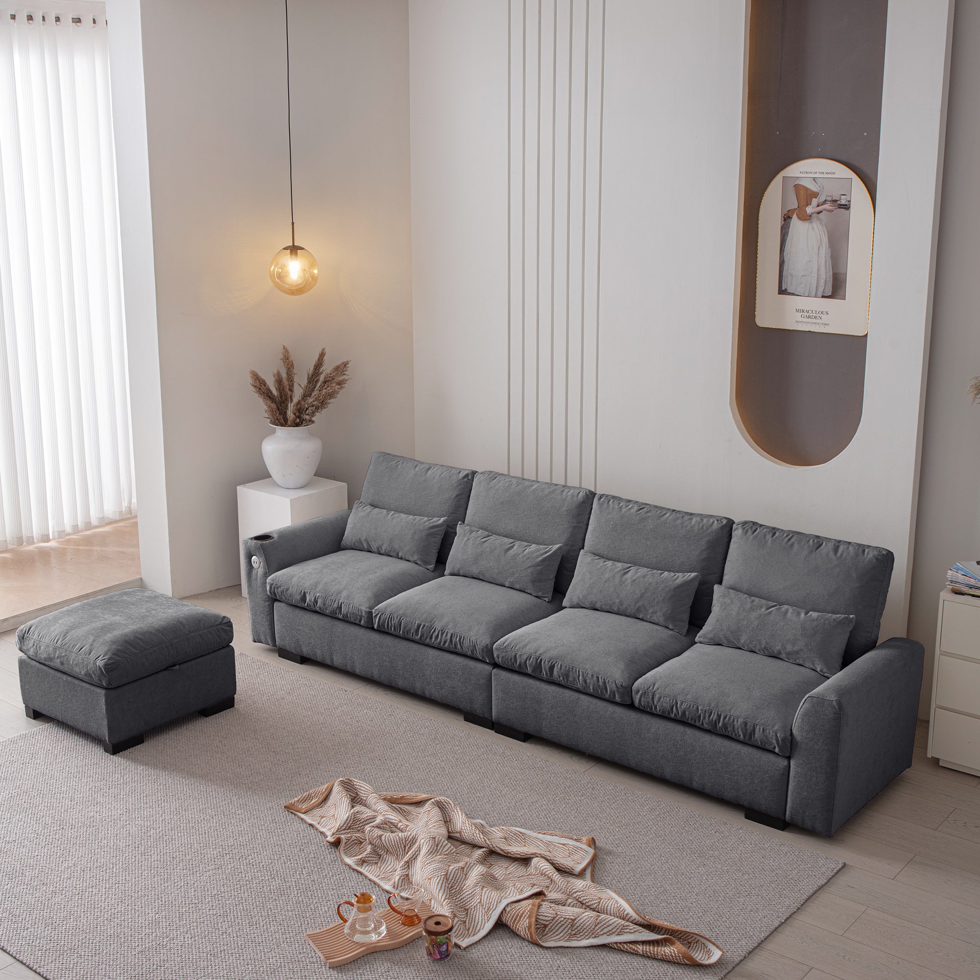 Louie Sectional Couch with Chaise, Sofa L-Shape with Ottoman Storage - Gray