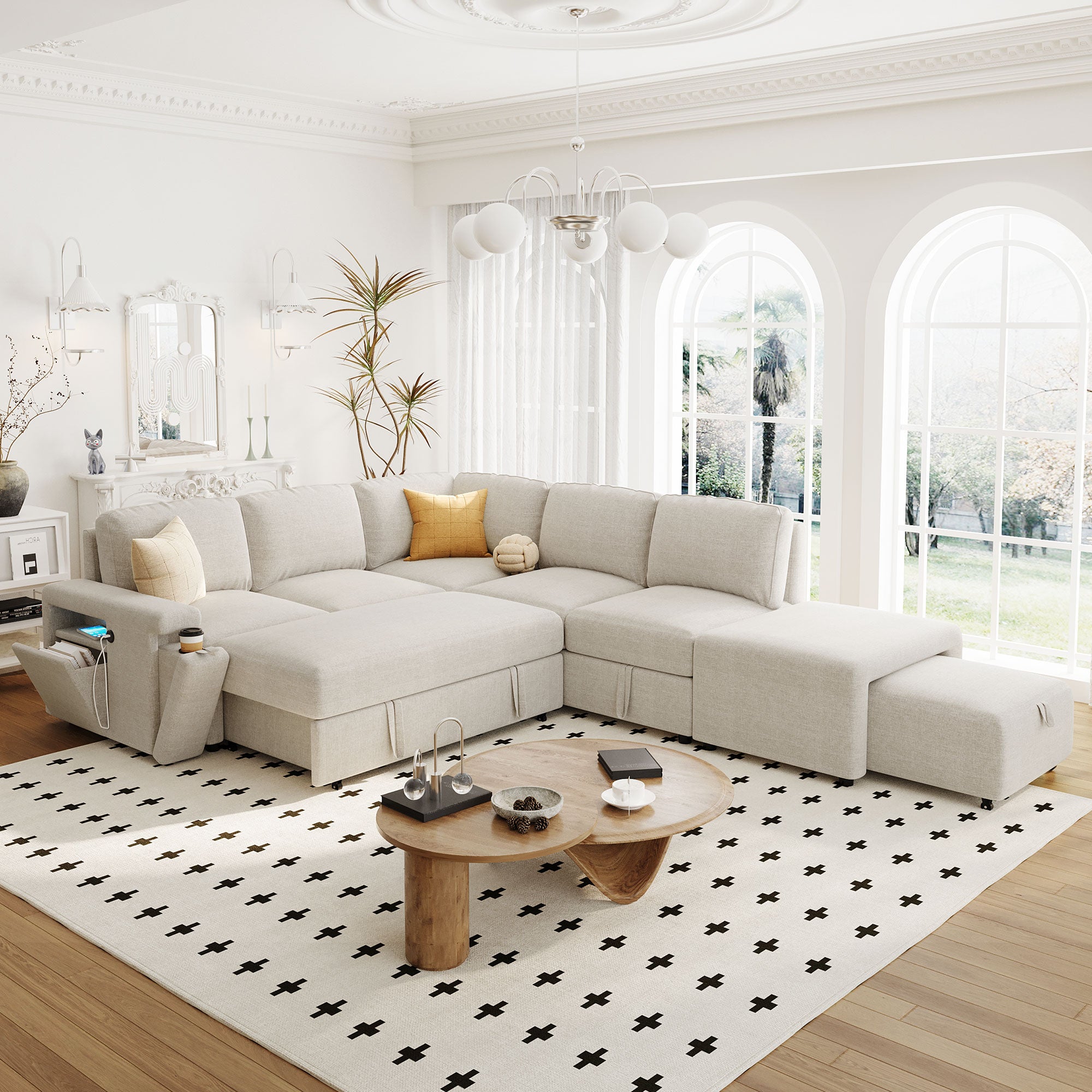 Sleeper Sectional, Sofa L Shape, Couch with Ottoman and Storage, Beige