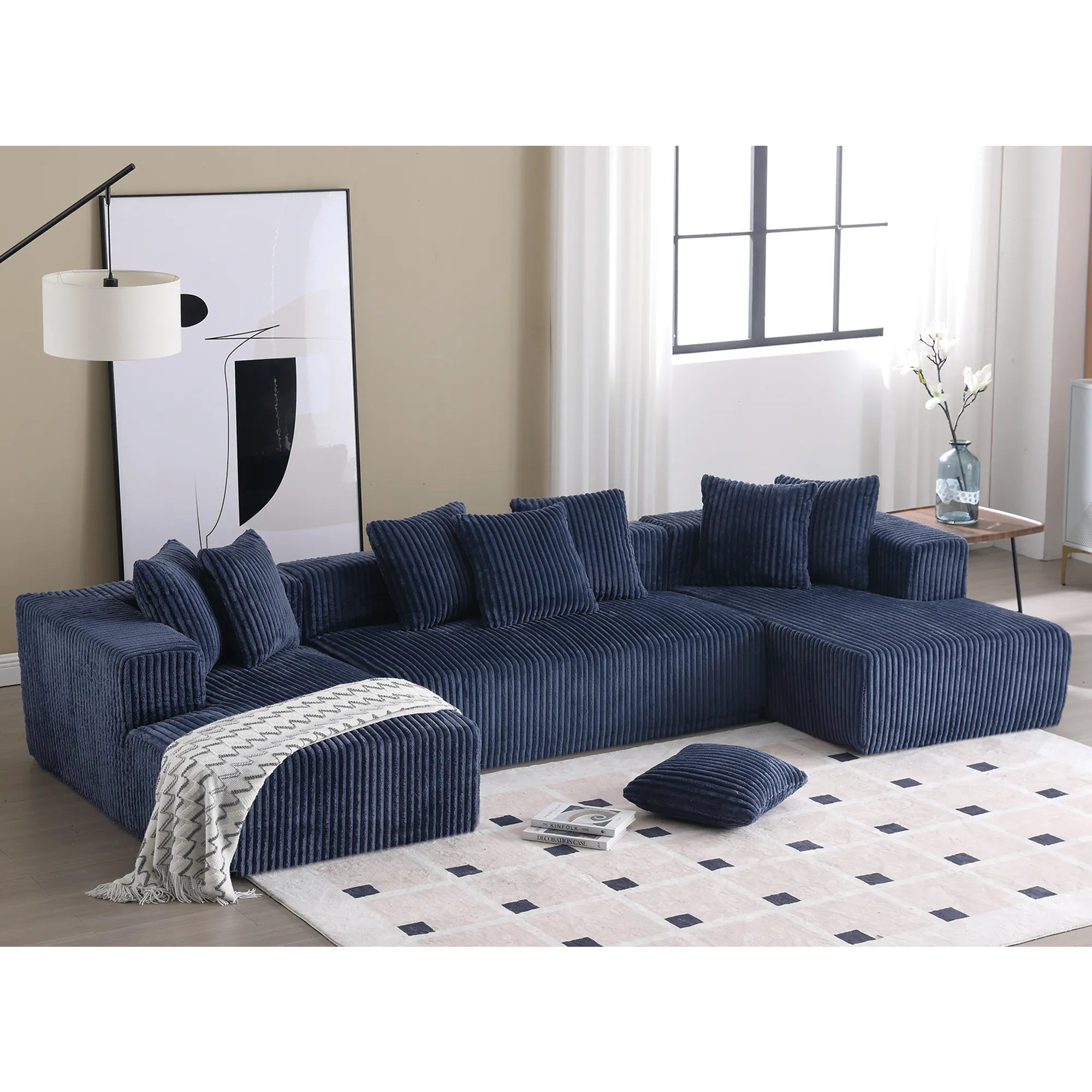 Modular U Shaped Sectional, Corduroy Couch with Double Chaise, Blue