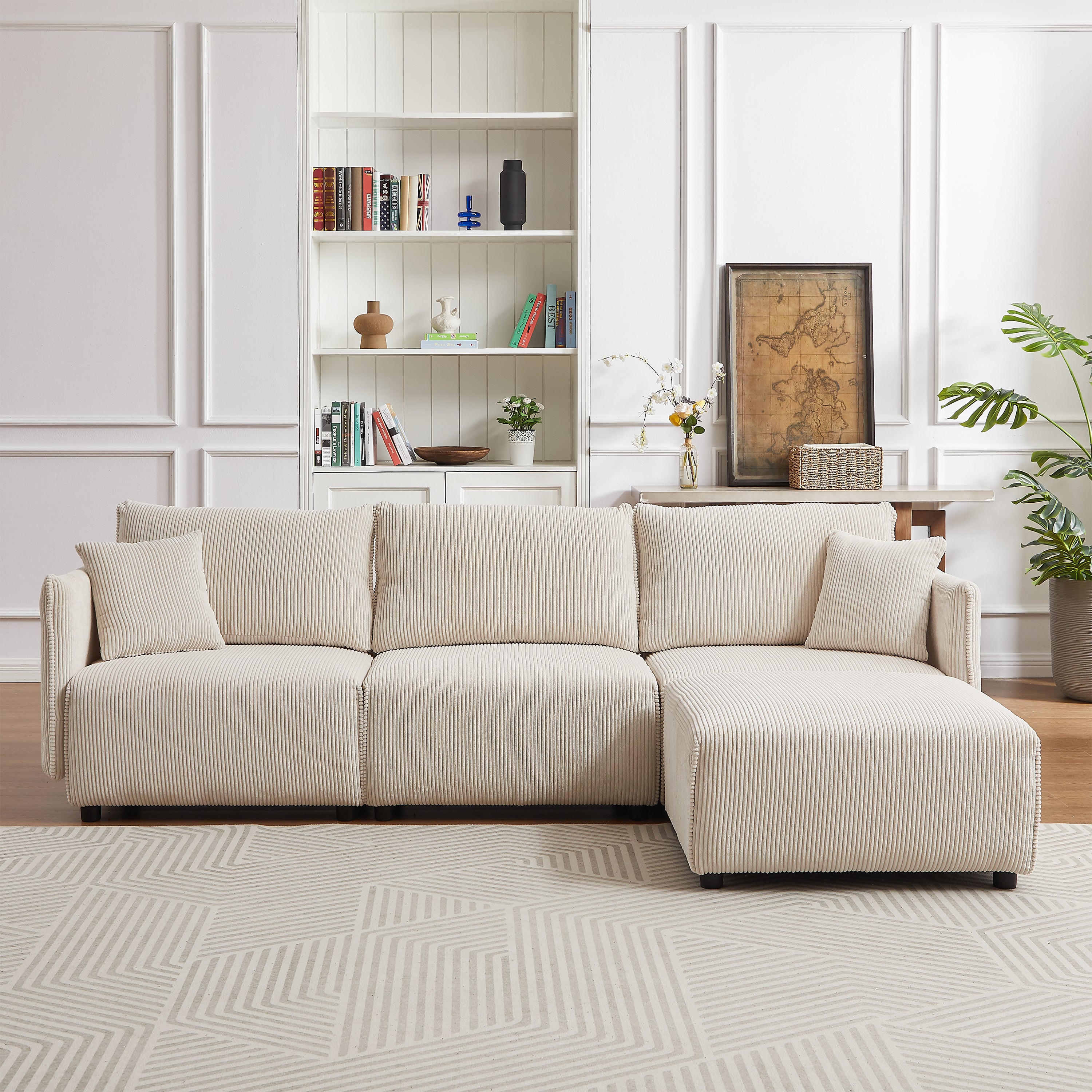 L Shape Modular Sectional Sofa, Corduroy Couch with Ottoman - Beige