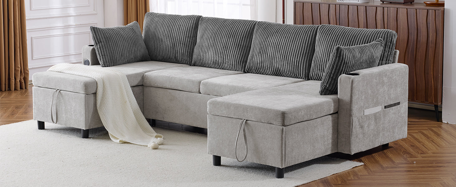 Corduroy Couch with Chaise Sleeper, Sectional Sofa Pull-Out, Grey
