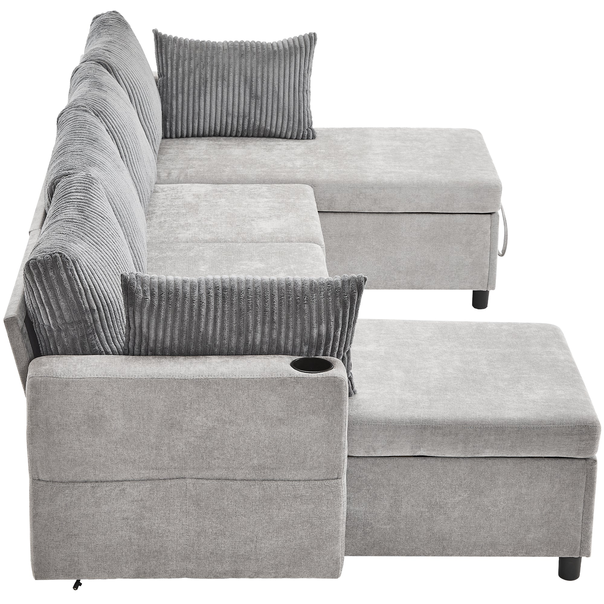 Corduroy Couch with Chaise Sleeper, Sectional Sofa Pull-Out, Grey