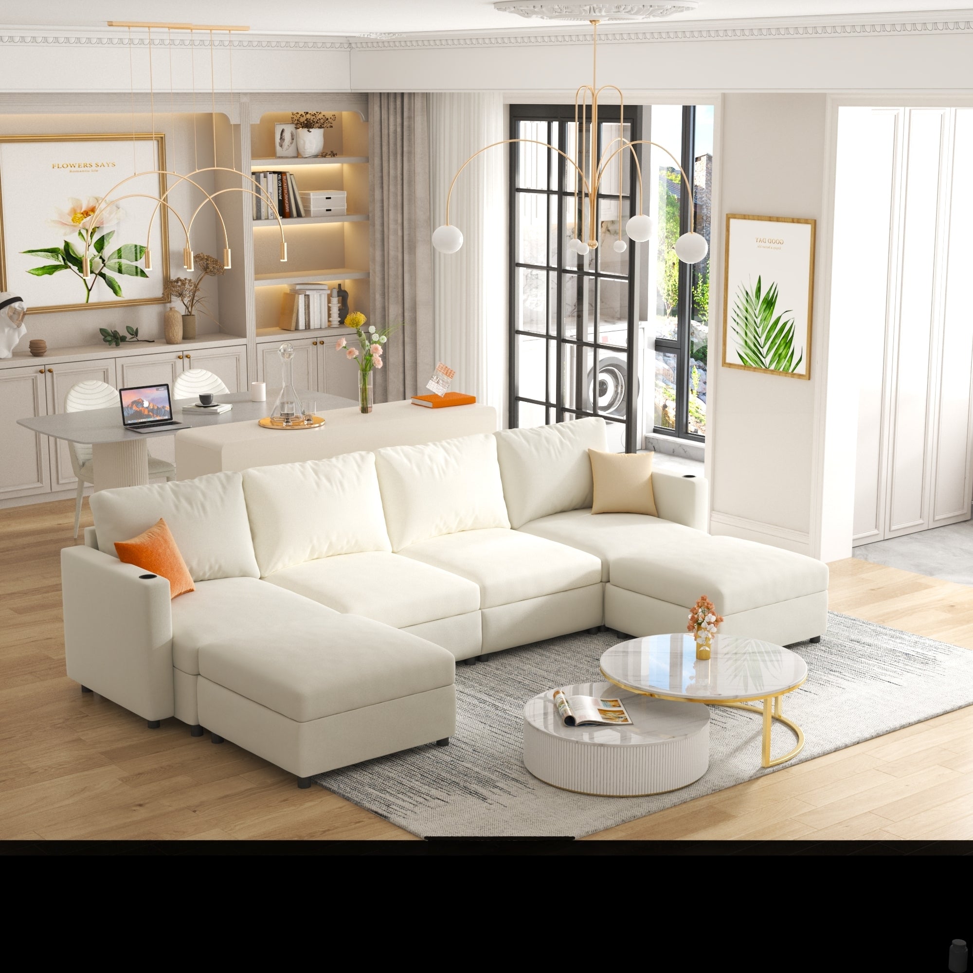Large Sectional Couch with Storage, Sofa with Chaise- Beige
