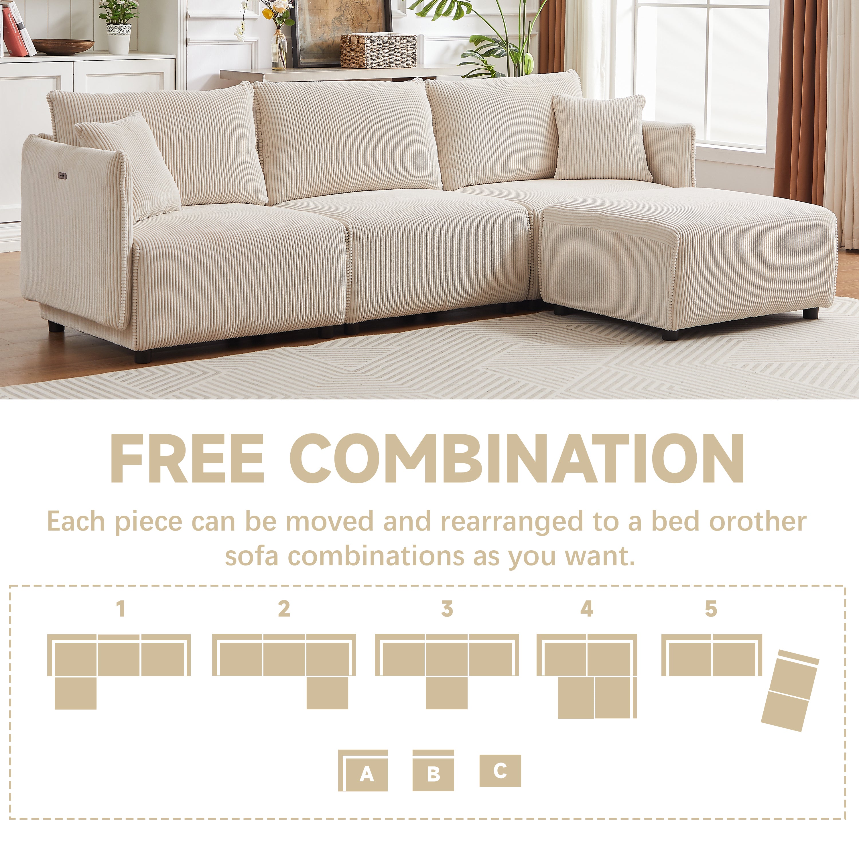 L Shape Modular Sectional Sofa, Corduroy Couch with Ottoman - Beige