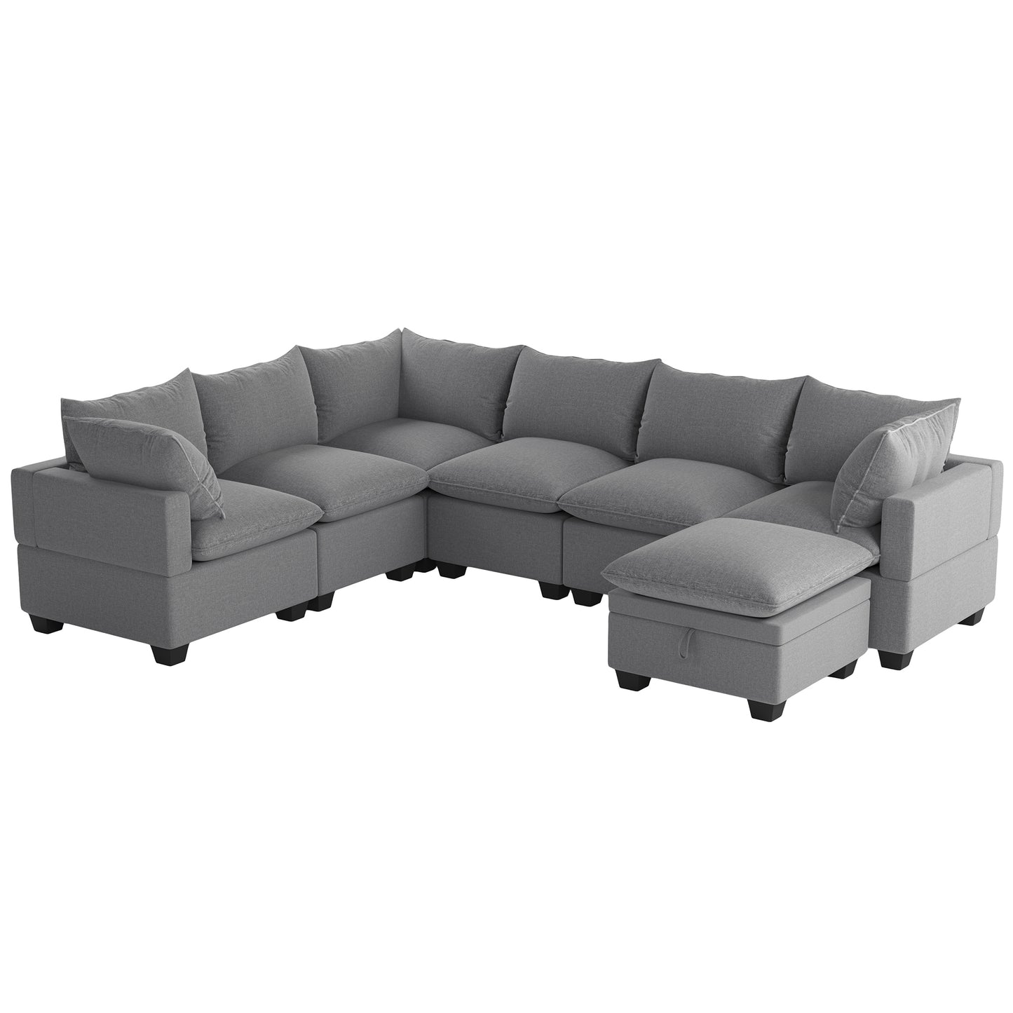 U Shaped Sectional, Modular Sofa with Ottoman and Storage, Gray
