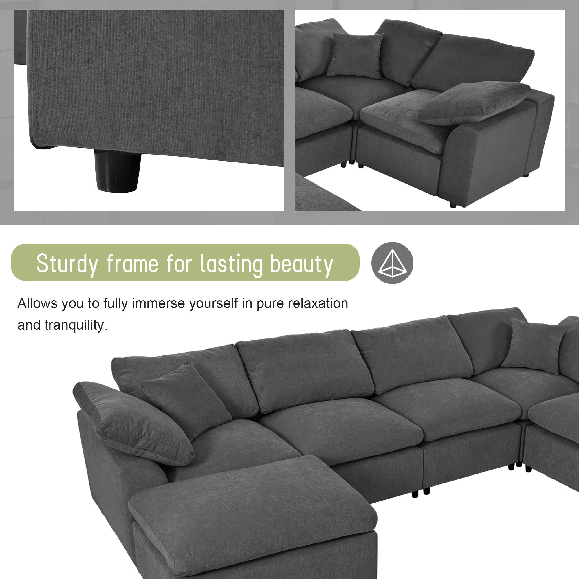 Large Modular Couch, U Shaped Sectional Sofa with Ottoman, Grey