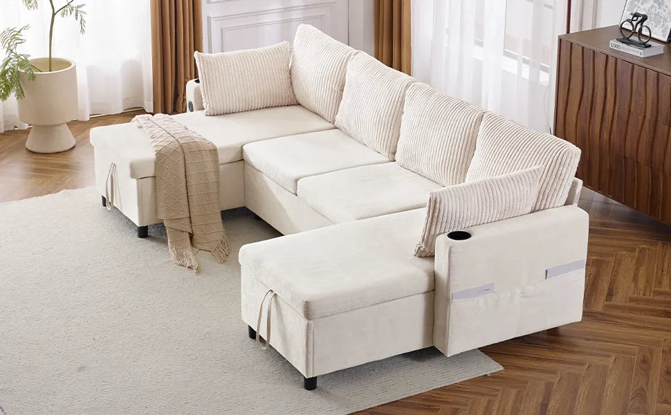 Corduroy Couch with Chaise Sleeper, Sectional Sofa Pull-Out, Beige