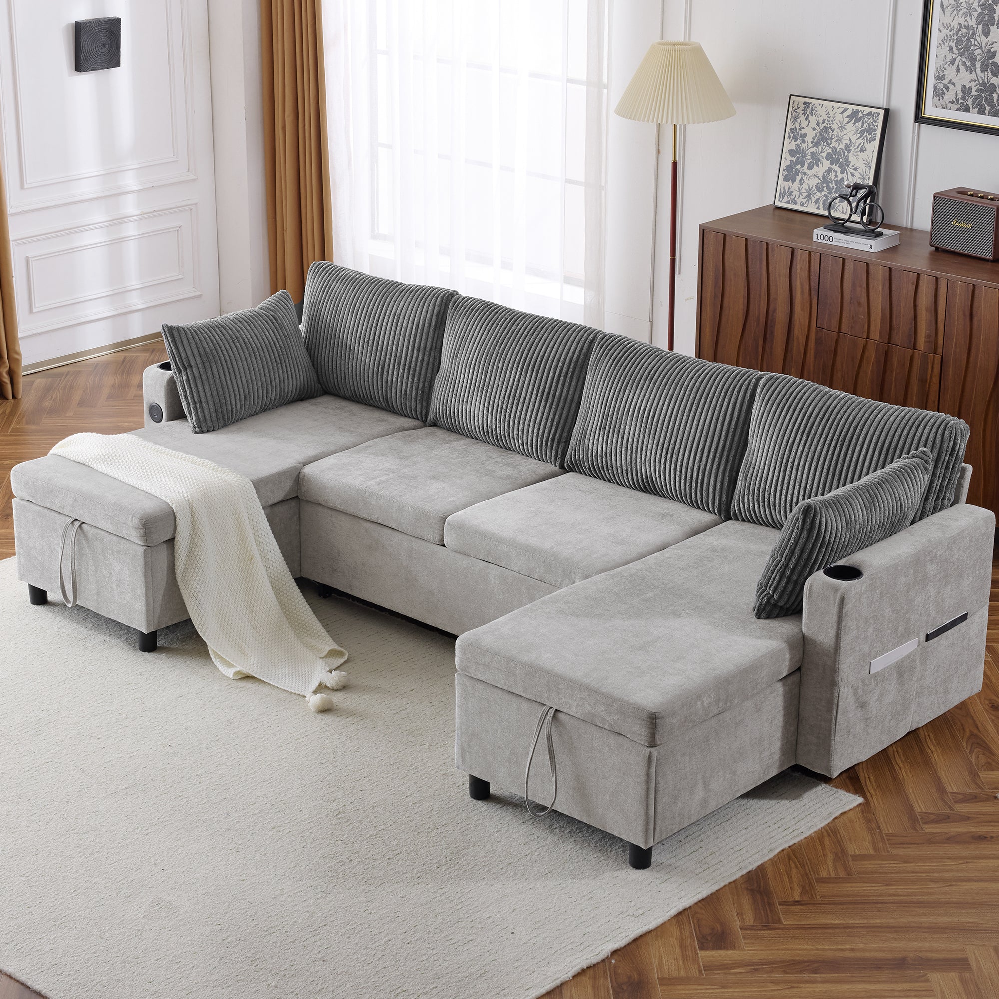 Corduroy Couch with Chaise Sleeper, Sectional Sofa Pull-Out, Grey