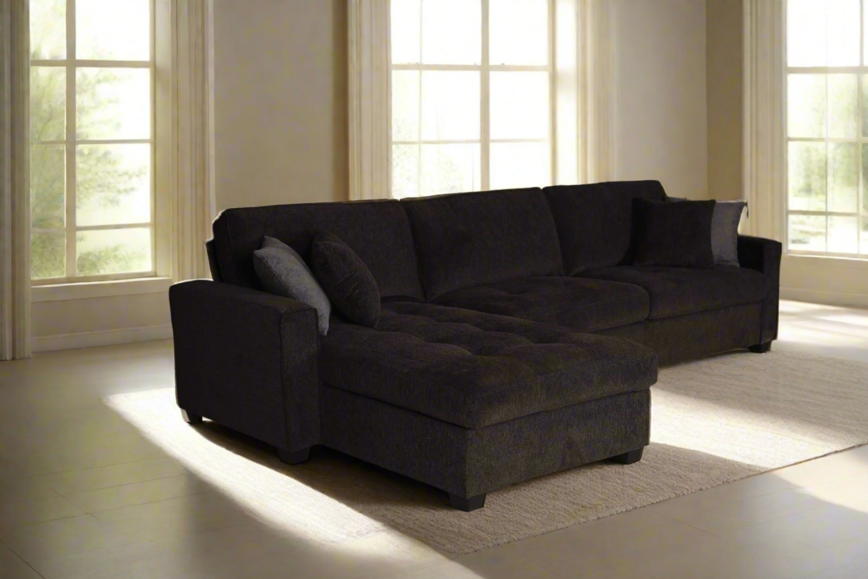 Chenille Sectional Sofa with Reversible Chaise - Tufted, Comfy Couch, Black