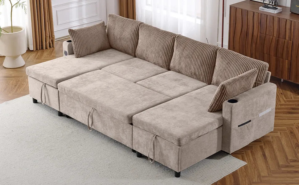 Corduroy Couch with Chaise Sleeper, Sectional Sofa Pull-Out, Brown