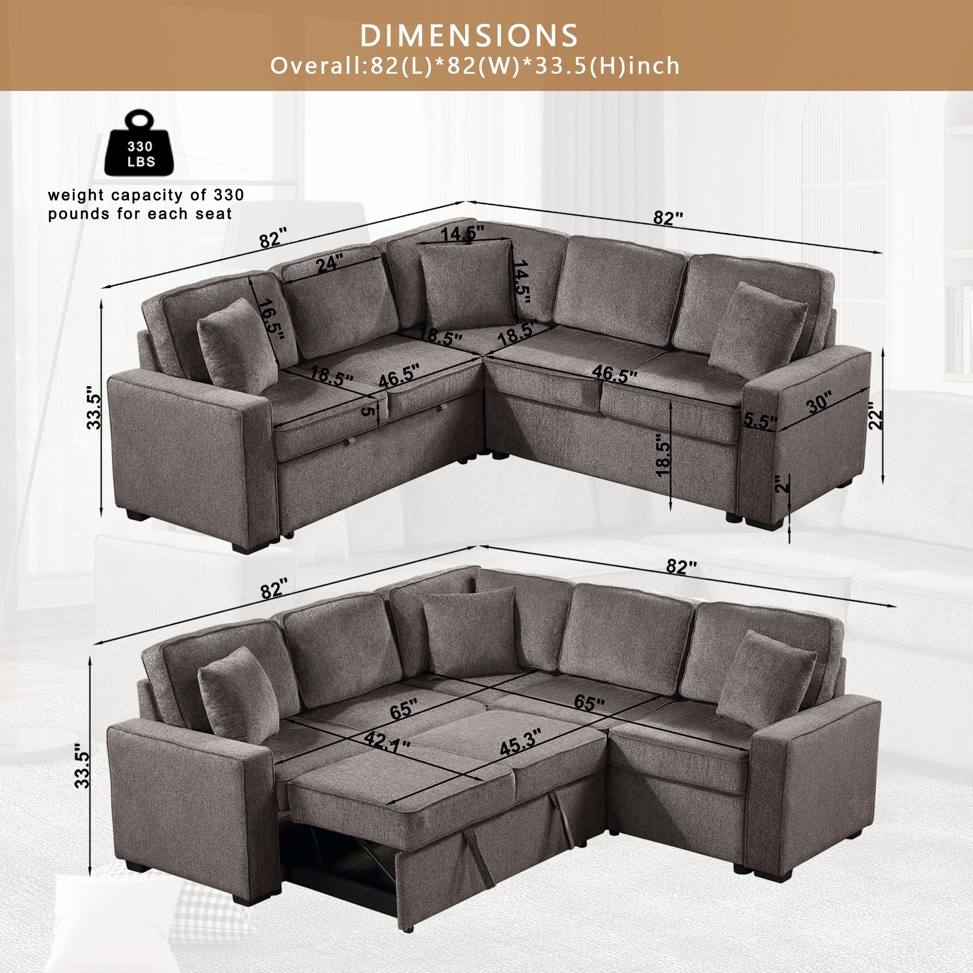 Louie Sleeper Sectional, Couch L Shape - Brown