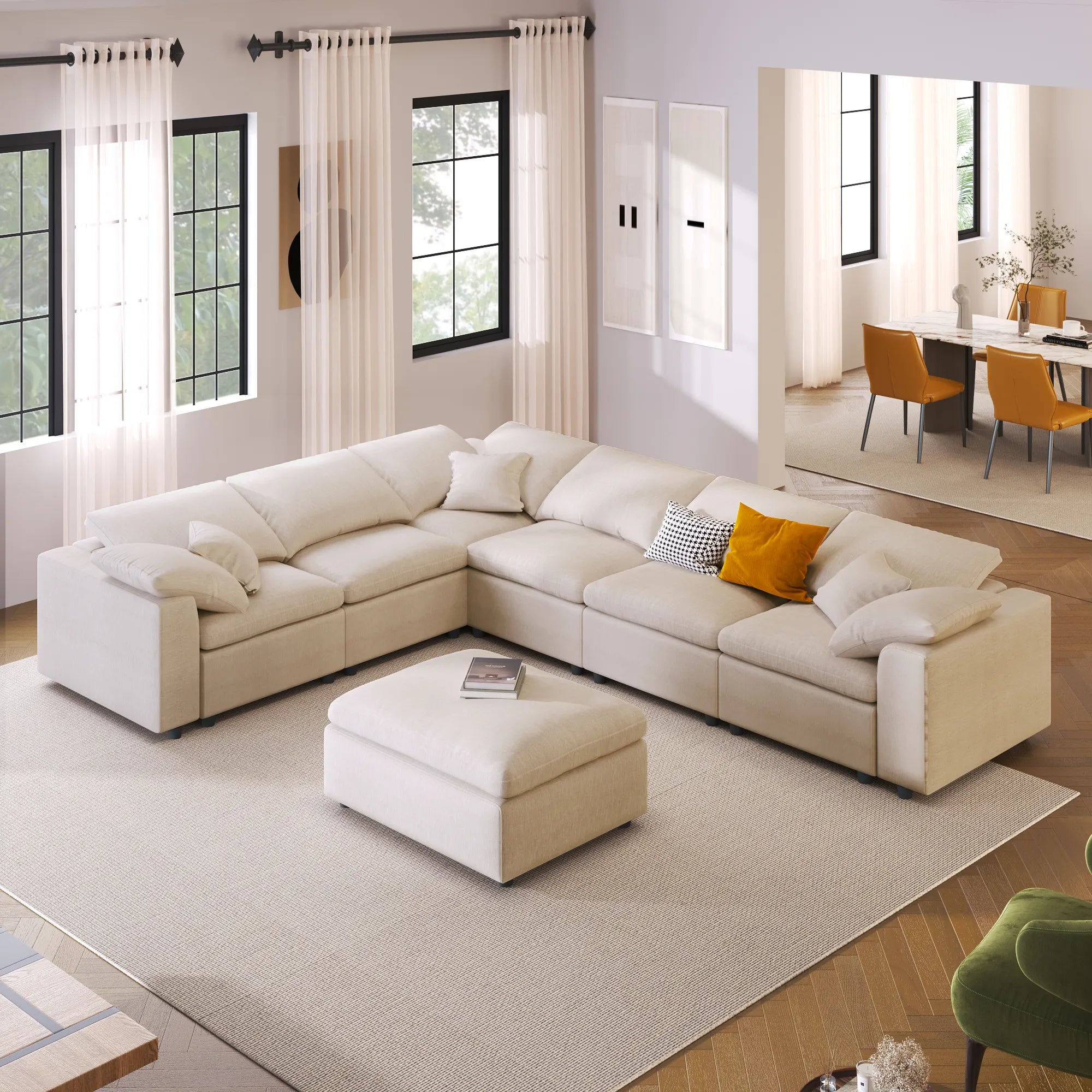 Large Modular Couch, U Shaped Sectional Sofa with Ottoman, Beige