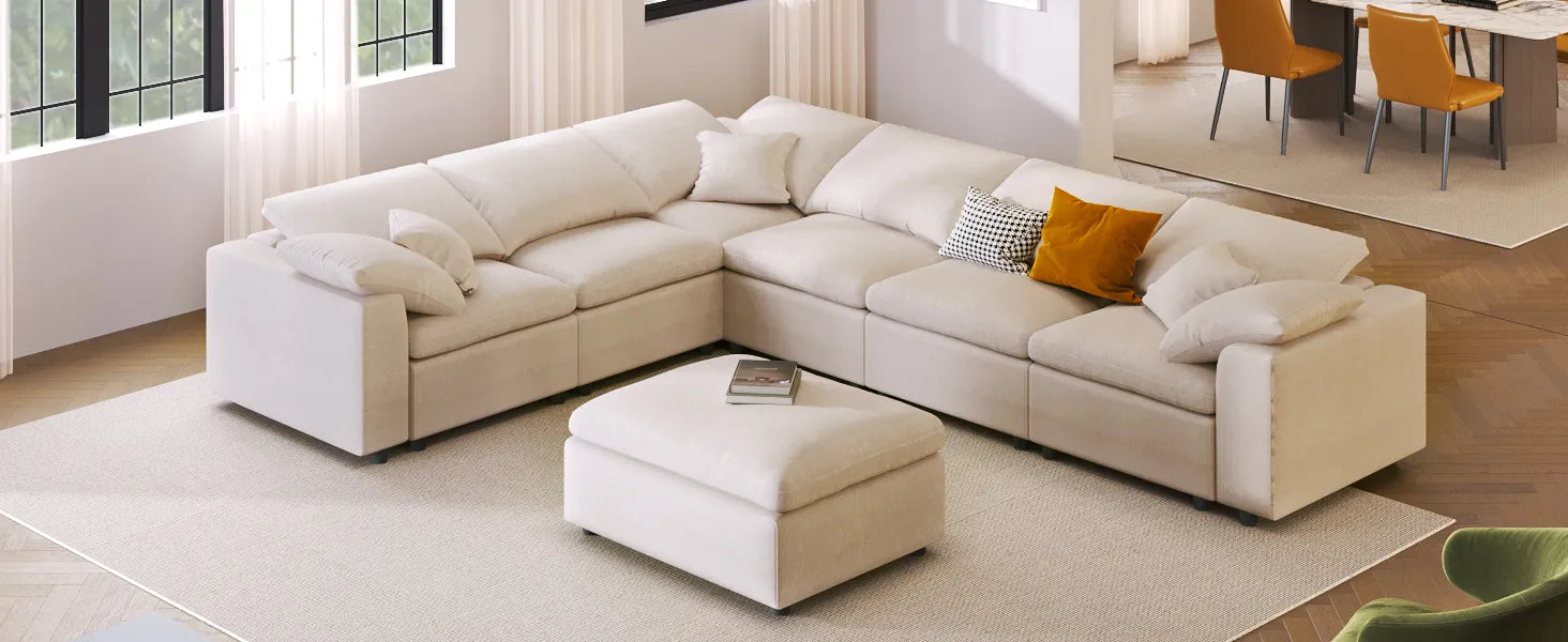 Large Modular Couch, U Shaped Sectional Sofa with Ottoman, Beige