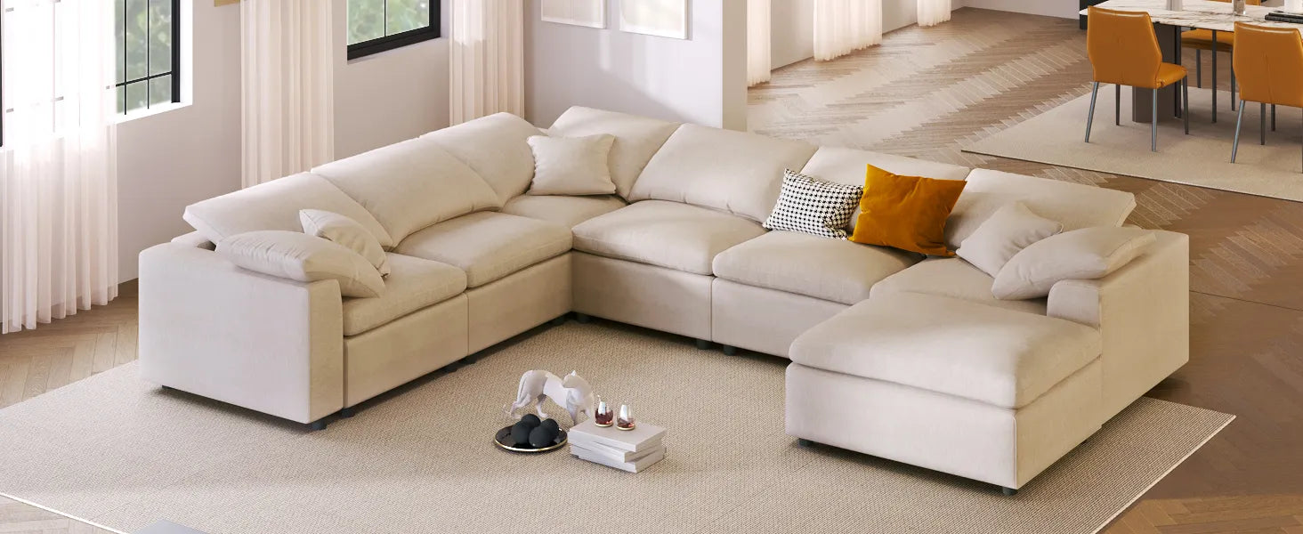 Large Modular Couch, U Shaped Sectional Sofa with Ottoman, Beige