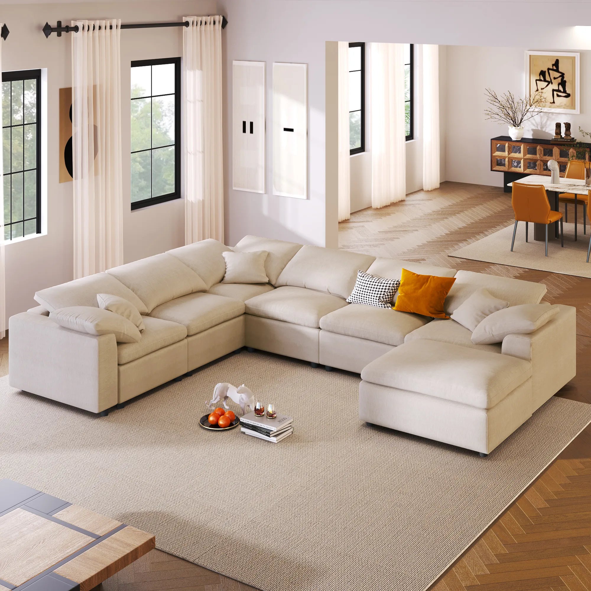 Large Modular Couch, U Shaped Sectional Sofa with Ottoman, Beige